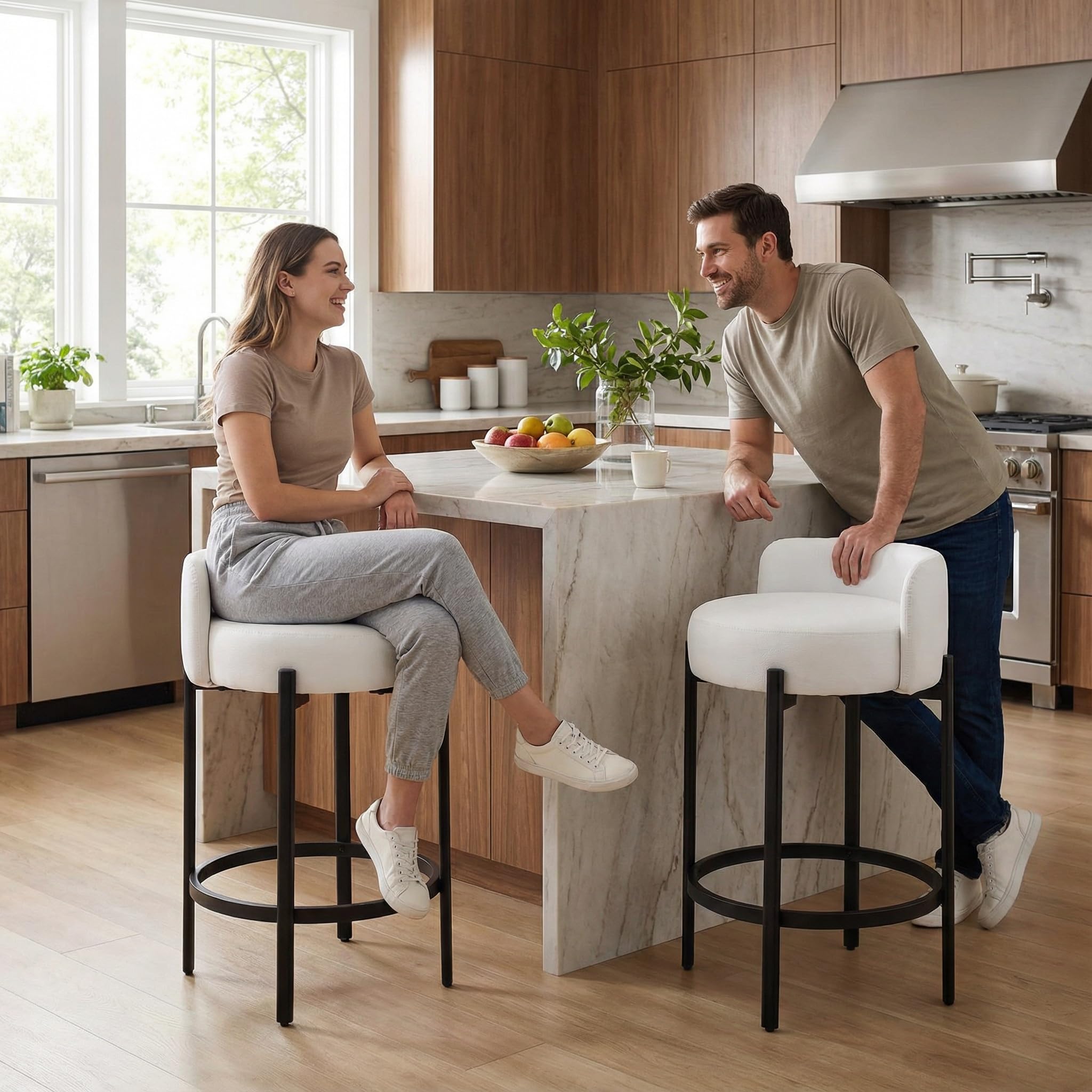 LukeAlon Mid Century Linen Counter Stools Set of 4, Upholstered 26.5” Seat Height Low Barstools with Natural Wood Legs Round Low Back Kitchen Stools with Footrest for Dining Room, Beige