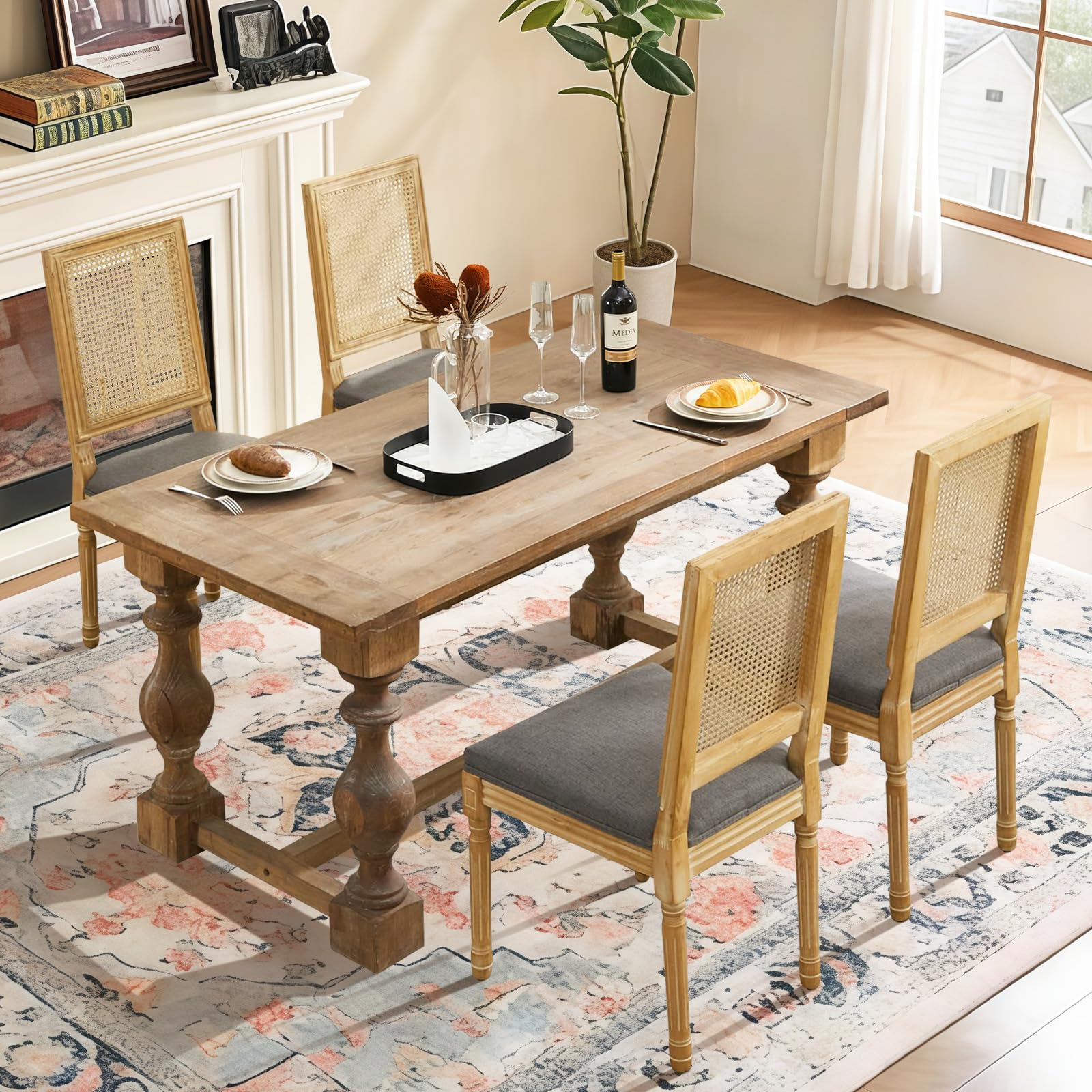 Rattan Back Upholstered Dining Chairs Set of 4 French Country Oval Kitchen Side Chairs with Wood Legs for Dining Room, Kitchen, Restaurant(Beige-Rattan)