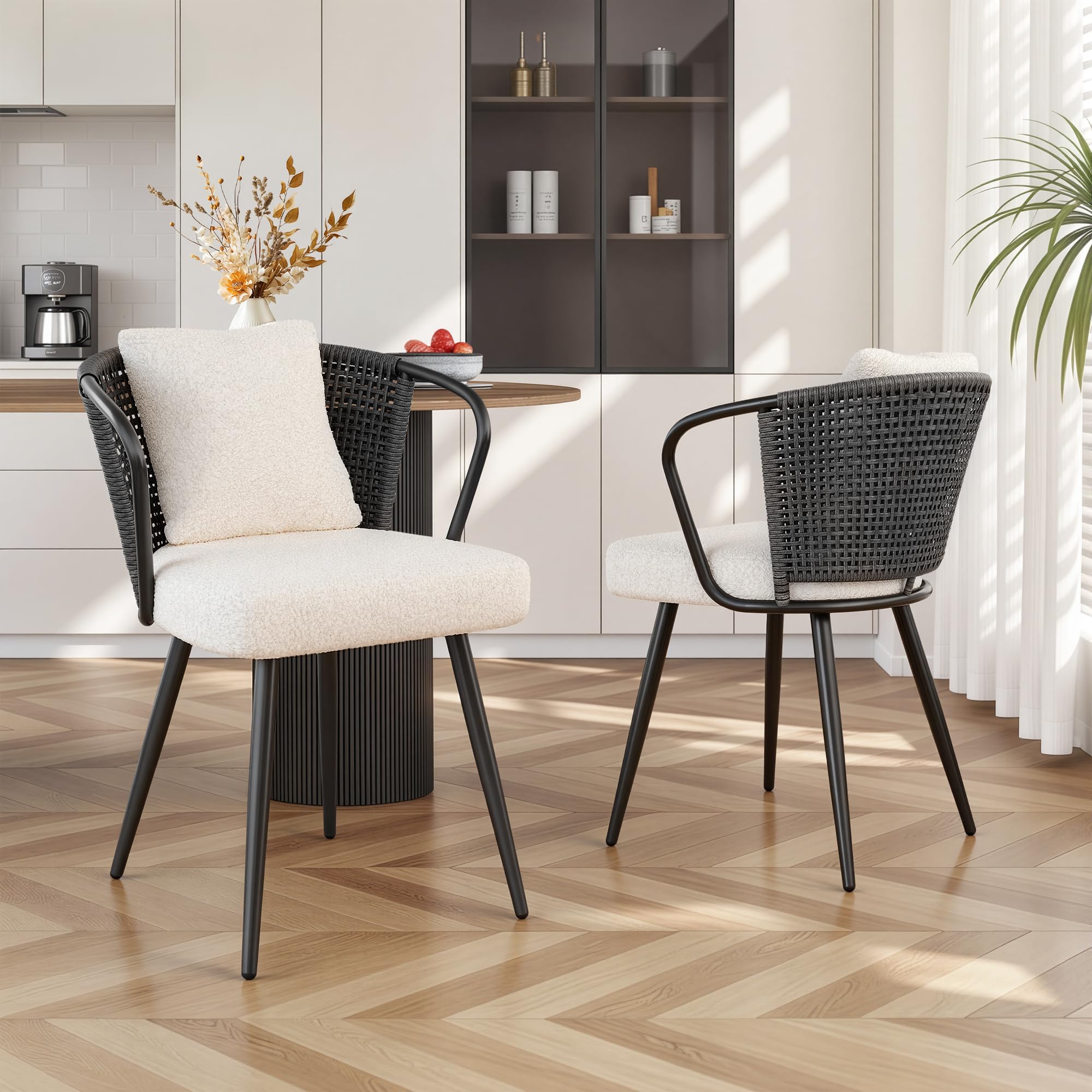 Rattan Dining Chairs Set of 4, Modern Upholstered Kitchen Chair with Metal Legs, Ergonomic Curved Backrest, Mid Century Living Room Chairs with Throw Pillow, Natural