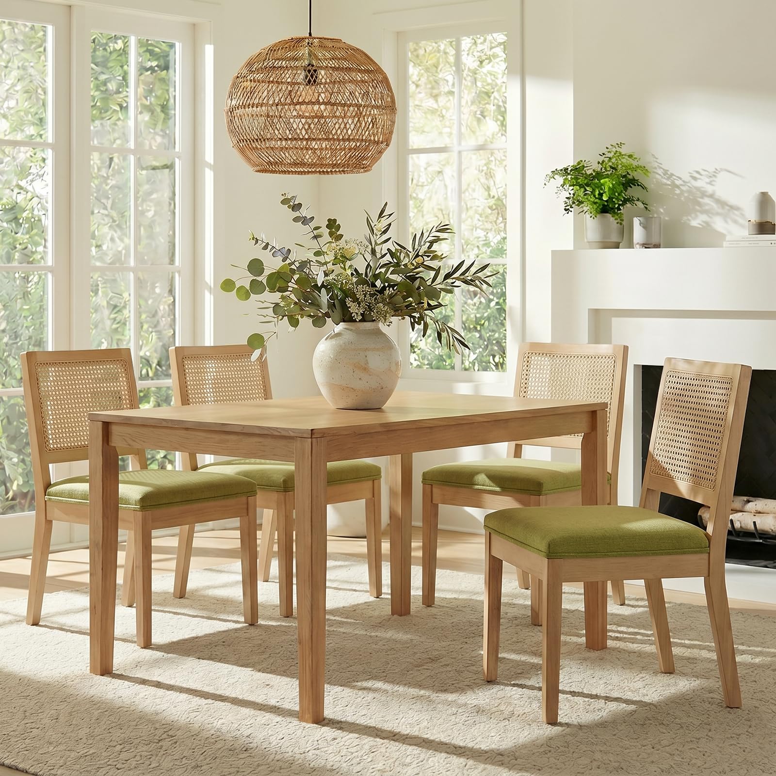 Rattan Back Upholstered Dining Chairs Set of 4 French Country Oval Kitchen Side Chairs with Wood Legs for Dining Room, Kitchen, Restaurant(Beige-Rattan)