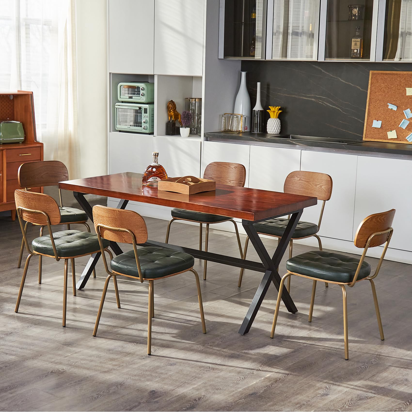 Mid Century Modern Dining Chairs Set of 2, Retro Chair with Faux Leather Upholstered Seat & Solid Wood Backrests & Vintage Distressing Metal Legs & Leg Protectors for Kitchen Dining Room (Dark Green)