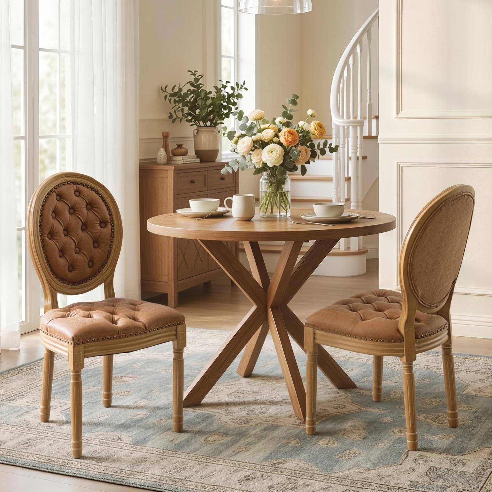 SoarFlash French Dining Chairs Set of 2, Vantage Dining Chair with Round Back, Wood Leg Farmhouse Country Rattan Dining Chair for Kitchen,Bedroom,Beige