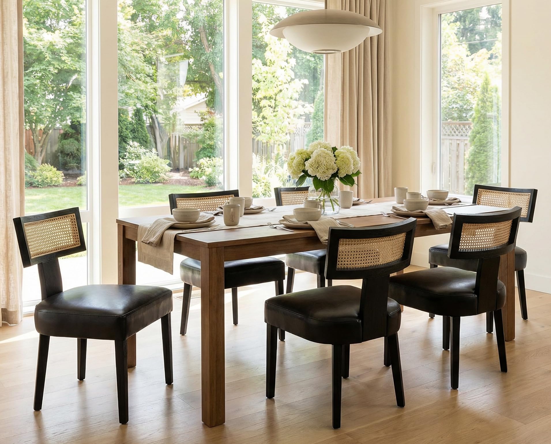 RIVOVA Rattan Dining Chairs Set of 4, Mid Century Modern Dining Chair Upholstered Linen Fabric Kitchen Side Chair, Modern Kitchen Armless Solid Wood Dining Chairs, Beige