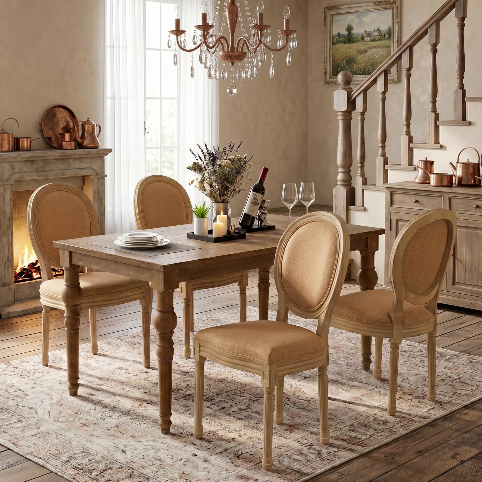 SoarFlash French Dining Chairs Set of 2, Vantage Dining Chair with Round Back, Wood Leg Farmhouse Country Rattan Dining Chair for Kitchen,Bedroom,Beige