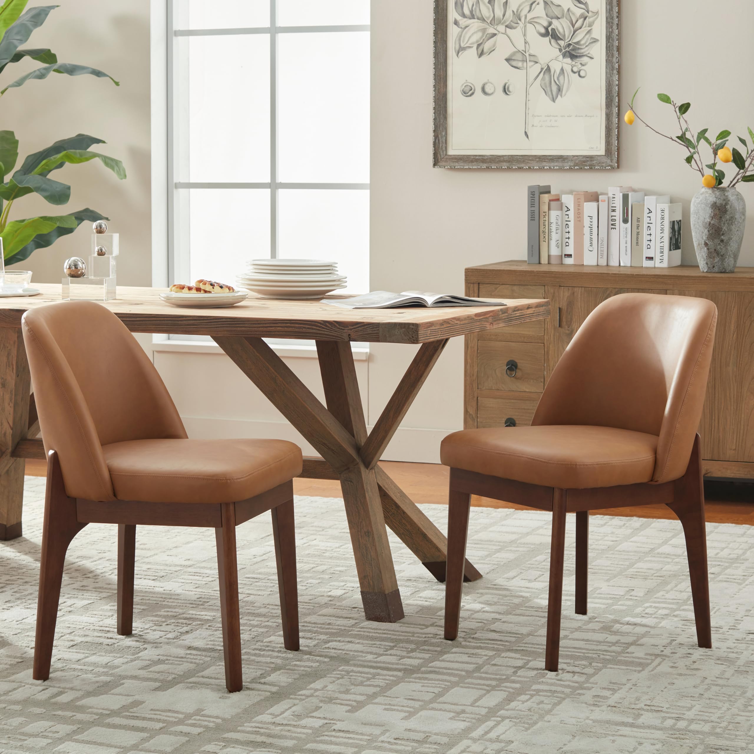 VKNOW Modern Dining Chairs Set of 2, Faux Leather Kitchen Chairs with Wood Legs, Upholstered Side Chair for Kitchen Dining Room, Beige
