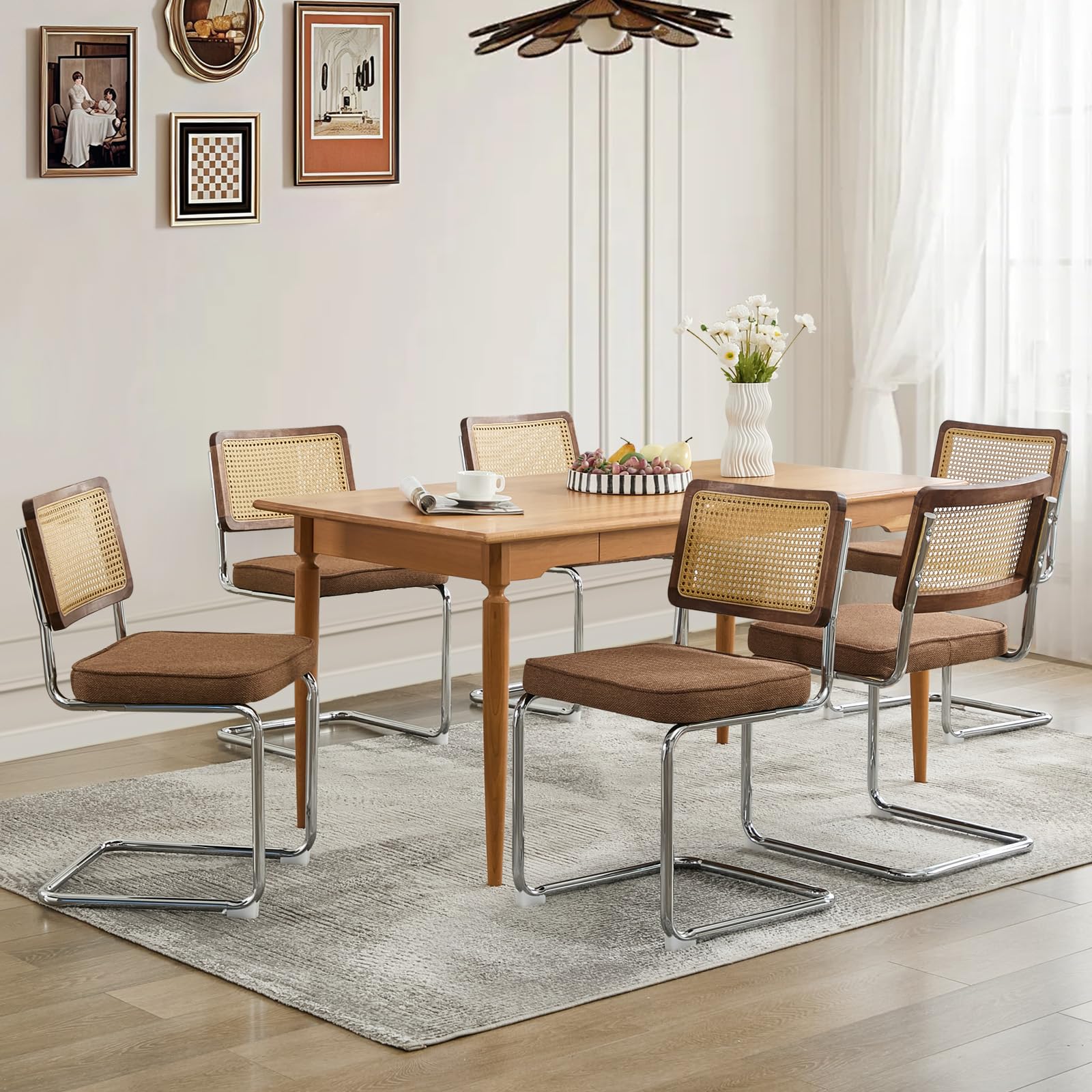 Rattan Dining Chairs Set of 4,Upholstered Mid-Century Modern Dining Room Chairs with Cane Backrest,Retro Velvet Kitchen Chairs with Stainless Chrome Base,Green