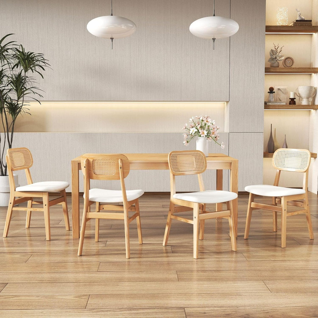 ROCITY Rattan Dining Chairs Set of 4 White Faux Leather Dining Room Chairs Natural Wooden Kitchen Chairs Farmhouse Side Chairs