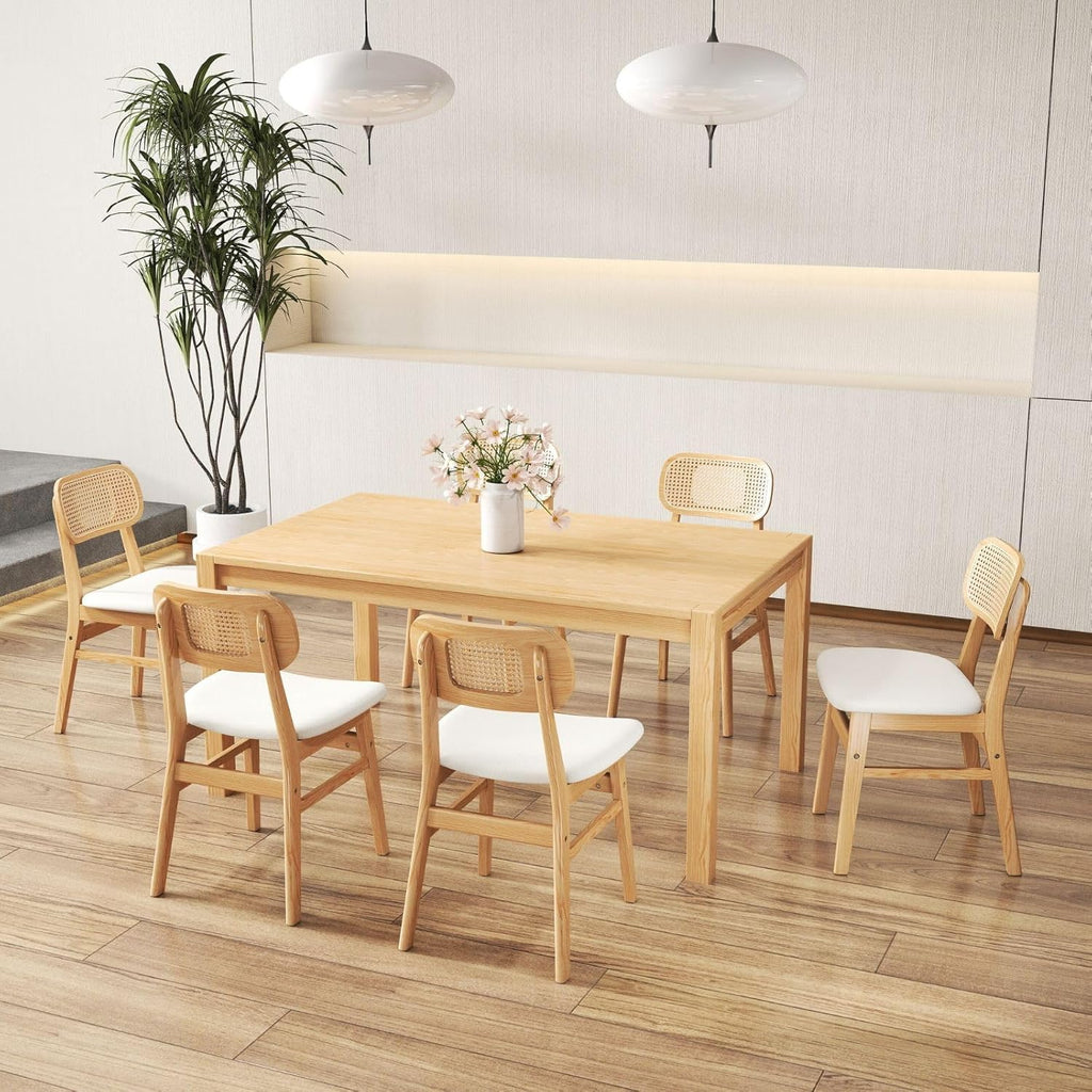 ROCITY Rattan Dining Chairs Set of 4 White Faux Leather Dining Room Chairs Natural Wooden Kitchen Chairs Farmhouse Side Chairs
