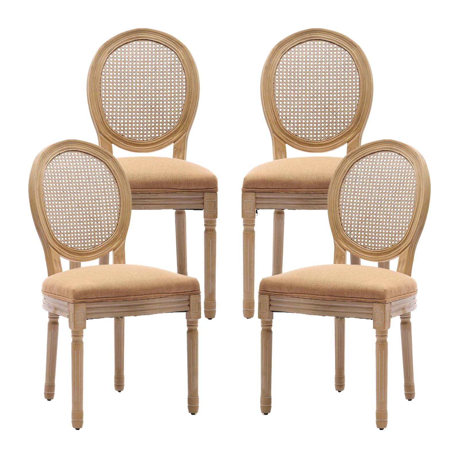 Vintage French Rattan Dining Chairs Set of 4, Solid Wood Frame with Round Rattan Back and Linen Upholstered Seat, Farmhouse Accent Sillas de Comedor Side Chairs for Dining Room & Kitchen, Beige