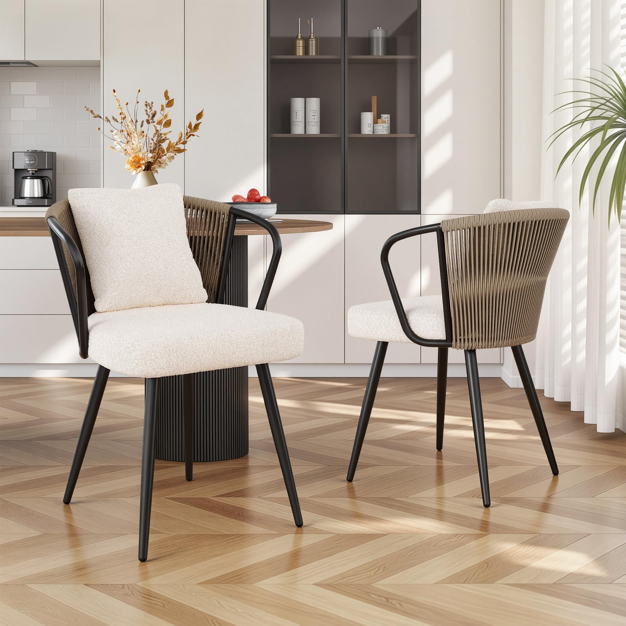Rattan Dining Chairs Set of 4, Modern Upholstered Kitchen Chair with Metal Legs, Ergonomic Curved Backrest, Mid Century Living Room Chairs with Throw Pillow, Natural