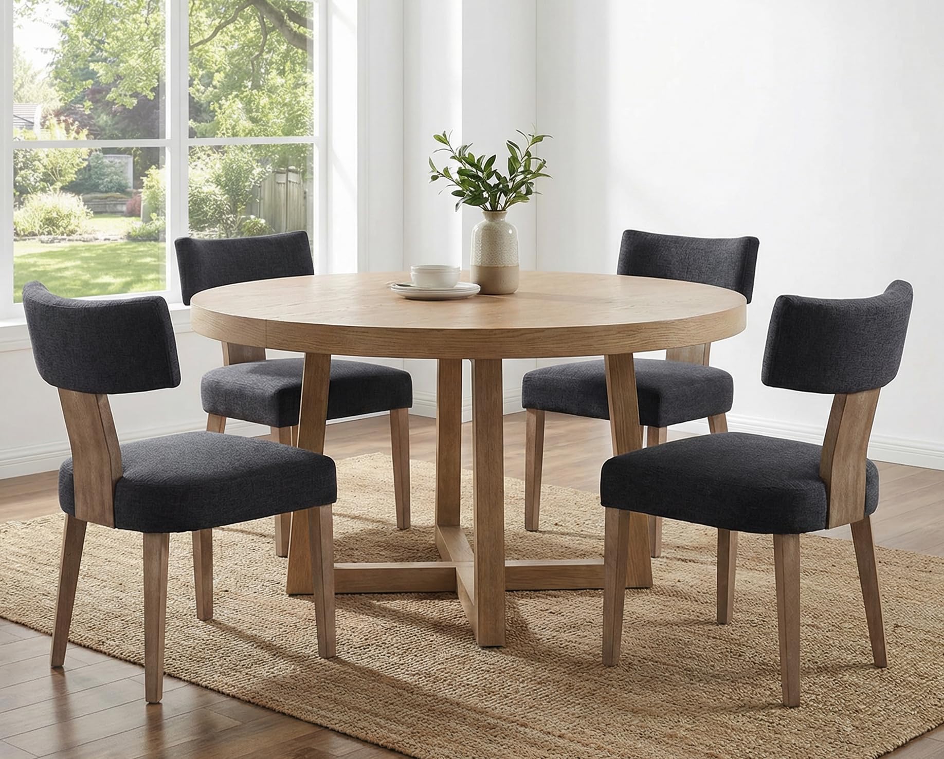 RIVOVA Rattan Dining Chairs Set of 4, Mid Century Modern Dining Chair Upholstered Linen Fabric Kitchen Side Chair, Modern Kitchen Armless Solid Wood Dining Chairs, Beige