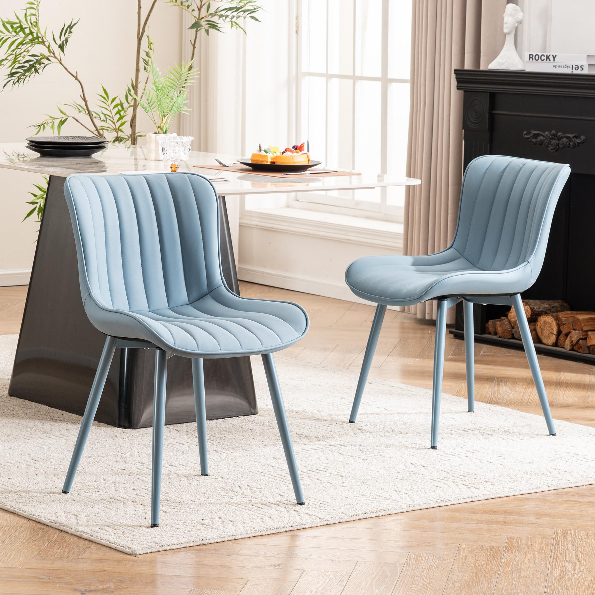 YOUNUOKE Mid-Century Modern Dining Chairs Set of 2, Blue PU Leather Upholstered Kitchen Chairs with Black Metal Legs, Armless Accent Chair for Dining Room, Guest Reception Room