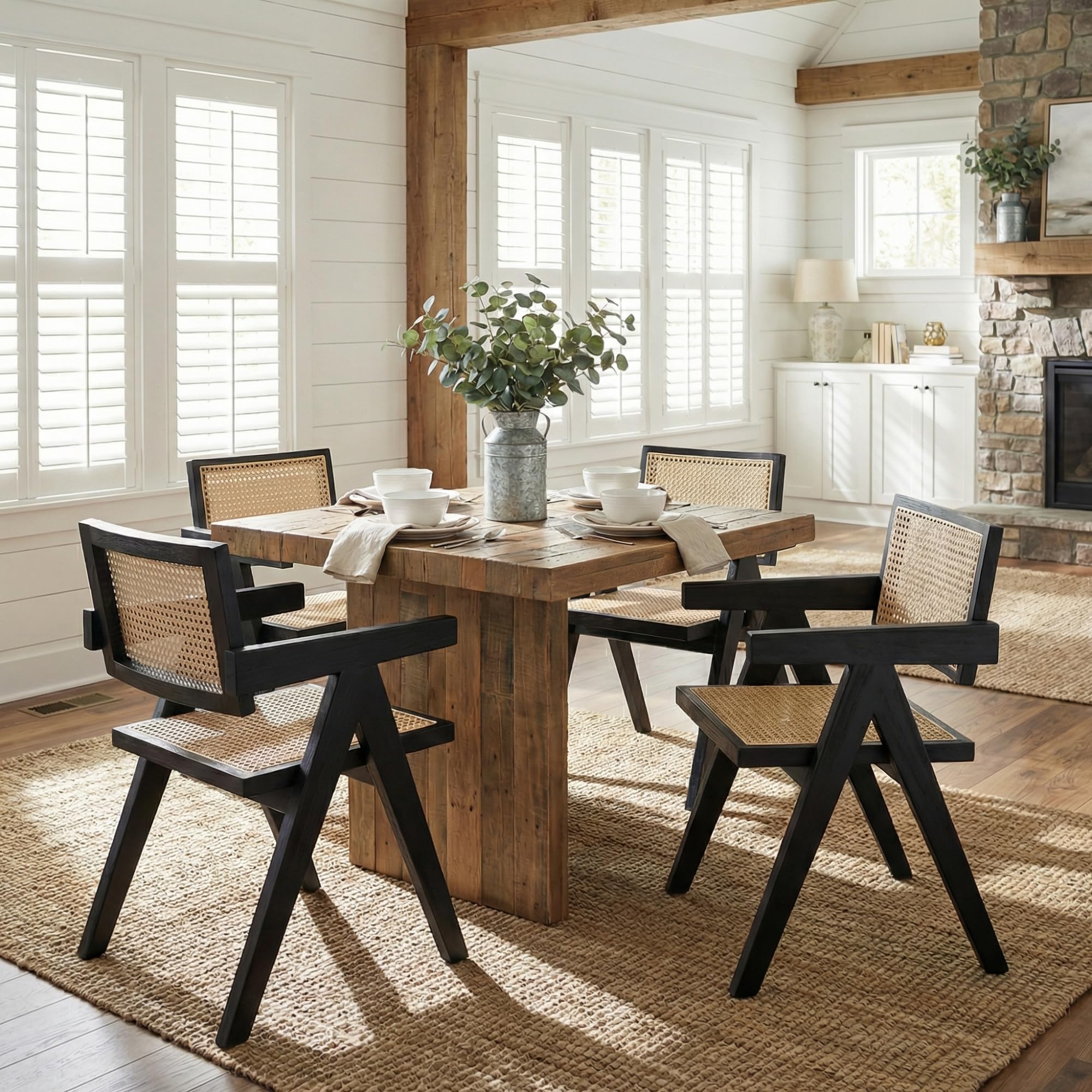 Hyfirm Rattan Dining Chairs Set of 2, Cane Back Wooden Kitchen Chairs with Bamboo Wicker Seat Mid Century Modern Side Chairs with Arms, Walnut
