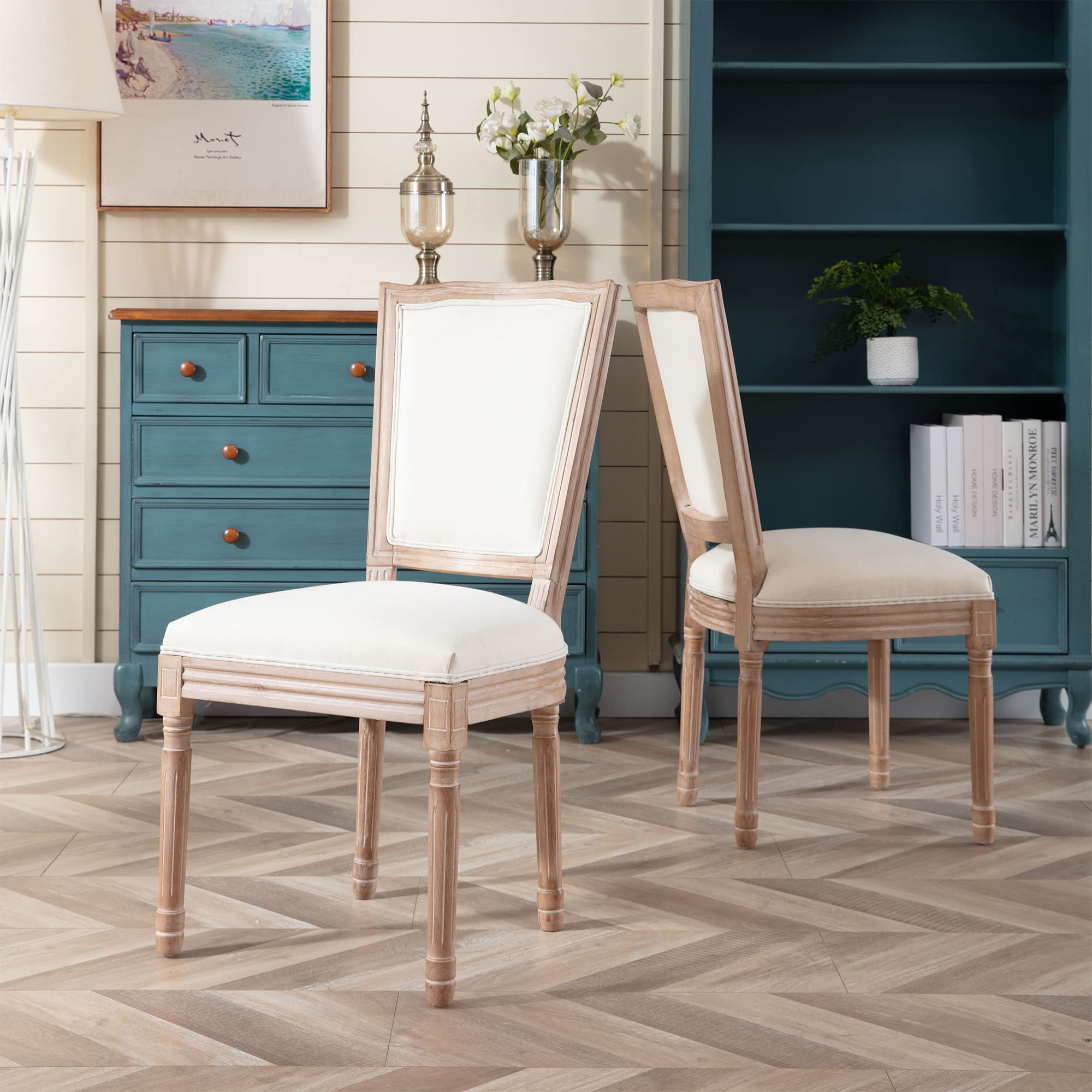 Nrizc French Country Dining Chairs Set of 4, Farmhouse Fabric Chairs with Round Back, Rattan Dining Chair, Oval Side Chairs for Dining Room/Living Room/Kitchen/Restaurant