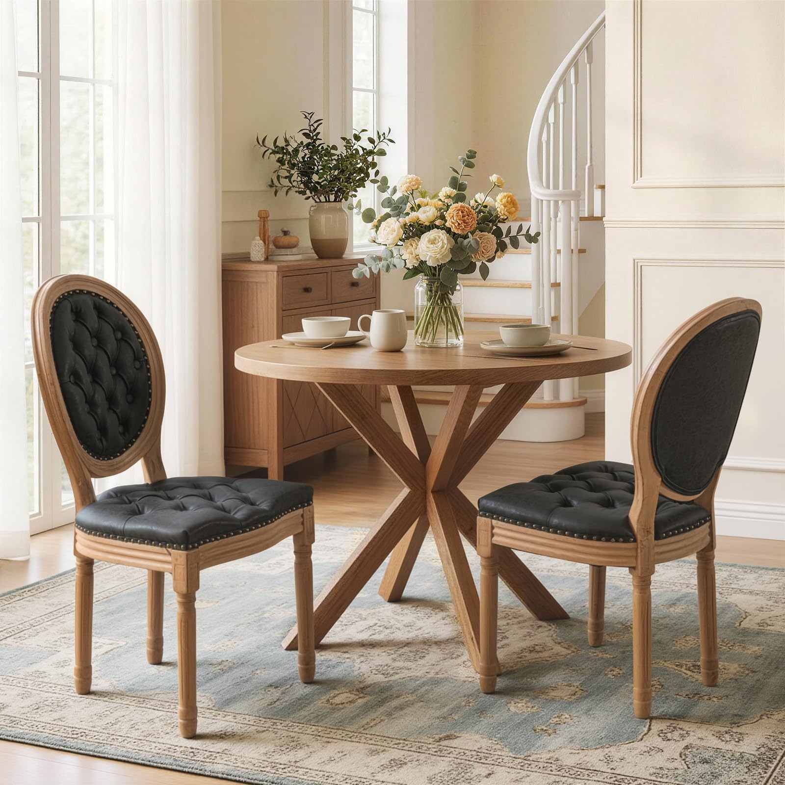 SoarFlash French Dining Chairs Set of 2, Vantage Dining Chair with Round Back, Wood Leg Farmhouse Country Rattan Dining Chair for Kitchen,Bedroom,Beige
