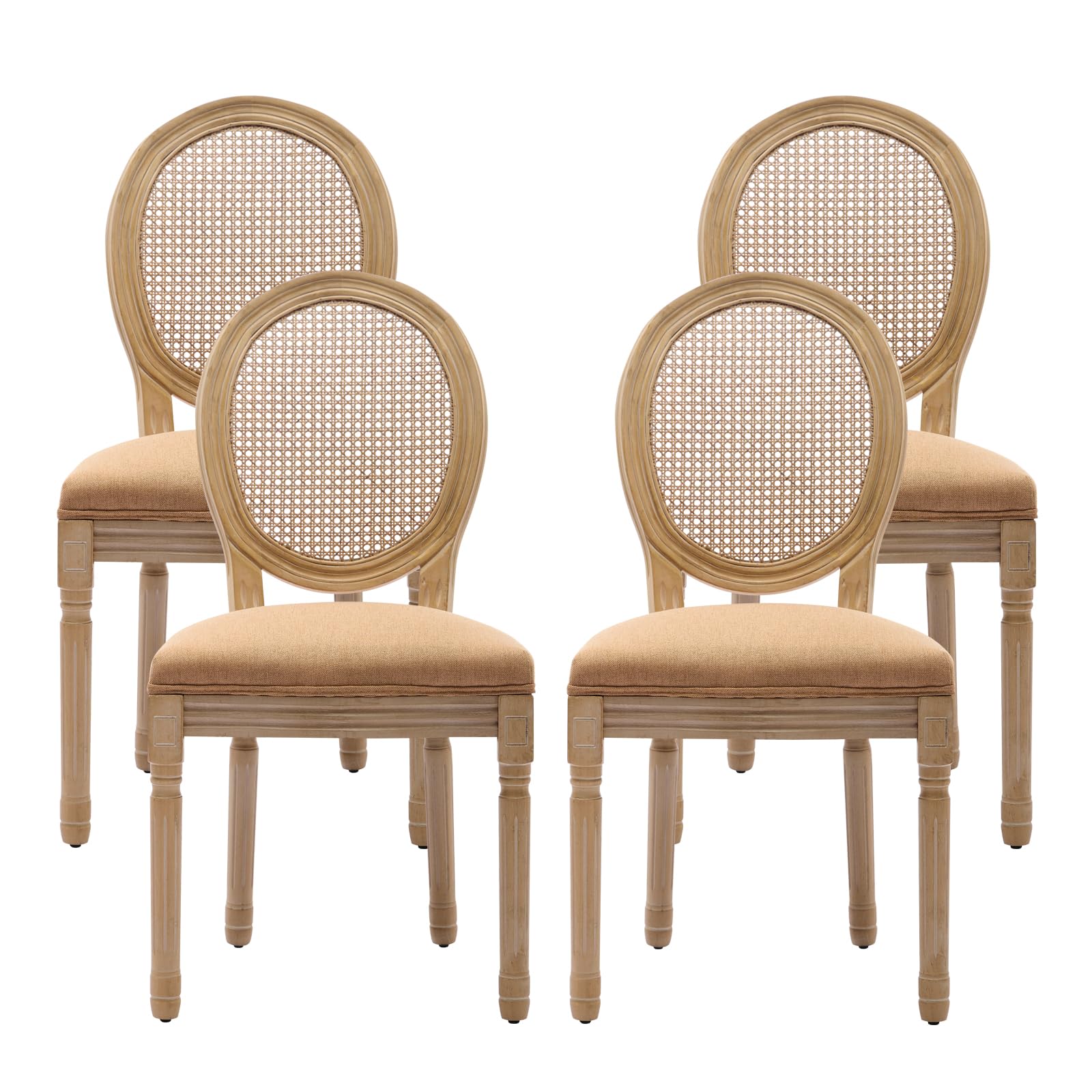 French Country Dining Chairs Set of 4，Fabric Upholstered Dining Chair with Round Back and Solid Leg, Rattan Kitchen Chairs for Dining Room, Living Room, Kitchen, Olive Green