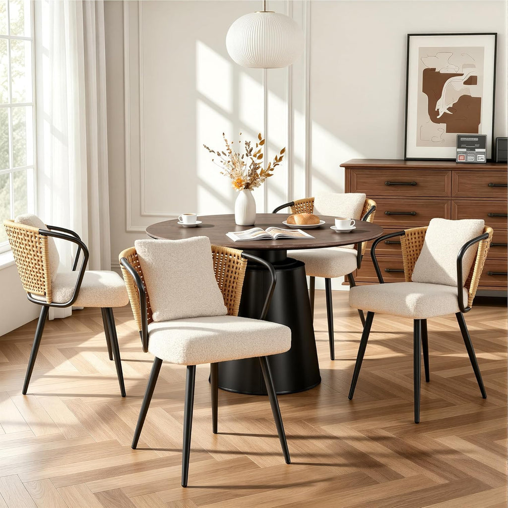 Rattan Dining Chairs Set of 4, Modern Upholstered Kitchen Chair with Metal Legs, Ergonomic Curved Backrest, Mid Century Living Room Chairs with Throw Pillow, Natural