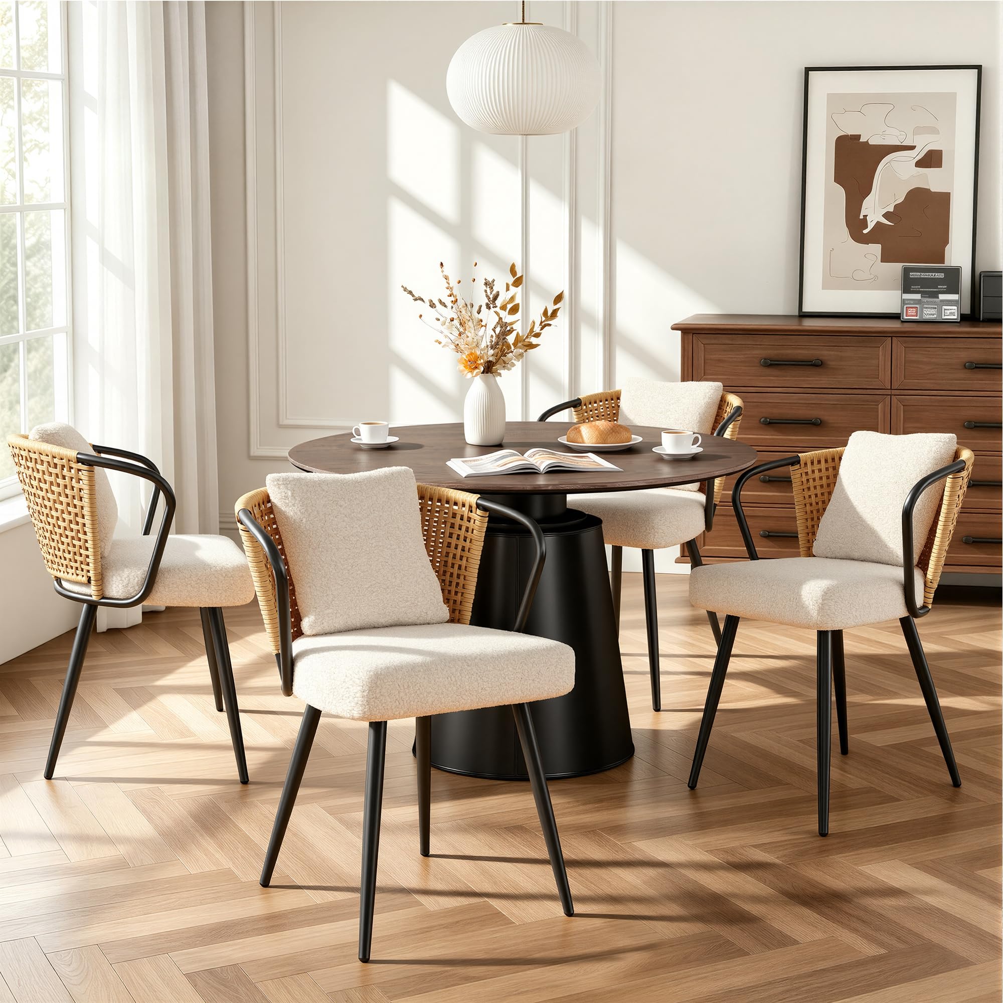 Rattan Dining Chairs Set of 4, Modern Upholstered Kitchen Chair with Metal Legs, Ergonomic Curved Backrest, Mid Century Living Room Chairs with Throw Pillow, Natural