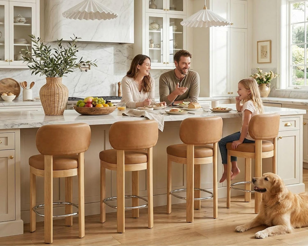 HNY Brown Leather Bar Stools Set of 2, Modern Upholstered Counter Height Bar Stools, Farmhouse Armless Bar Chairs with Solid Wood Legs & Padded Back for Kitchen Island/Dining Room Bar - 26 Inches