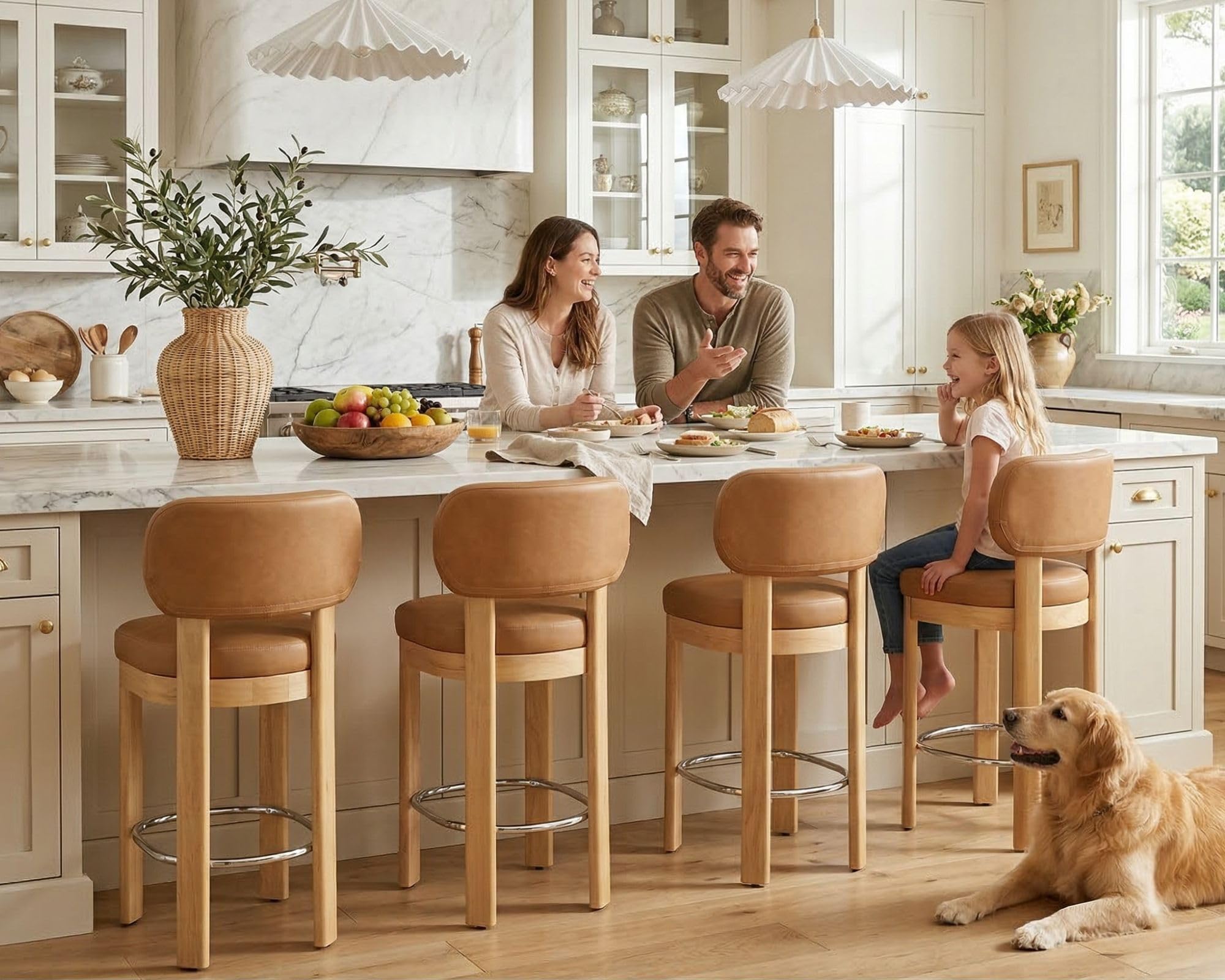 HNY Brown Leather Bar Stools Set of 2, Modern Upholstered Counter Height Bar Stools, Farmhouse Armless Bar Chairs with Solid Wood Legs & Padded Back for Kitchen Island/Dining Room Bar - 26 Inches