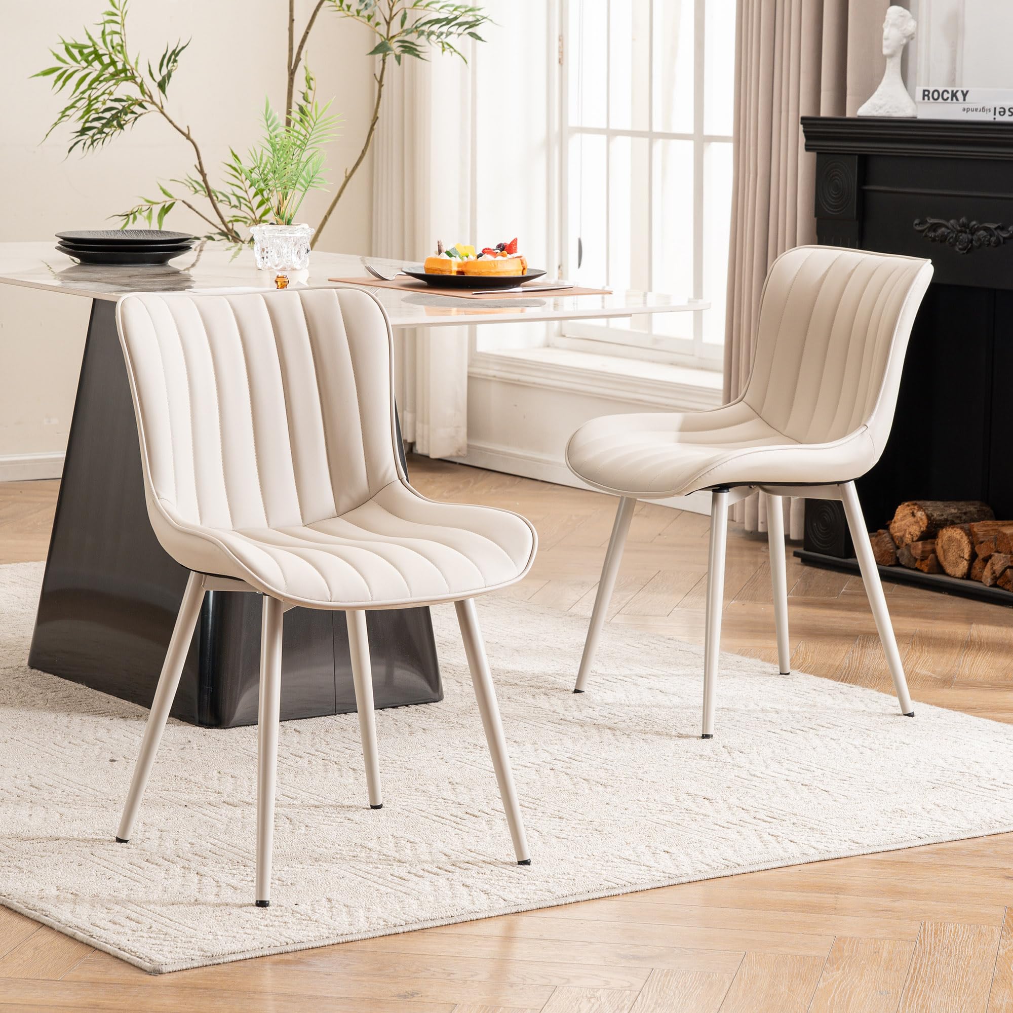 YOUNUOKE Mid-Century Modern Dining Chairs Set of 2, Blue PU Leather Upholstered Kitchen Chairs with Black Metal Legs, Armless Accent Chair for Dining Room, Guest Reception Room
