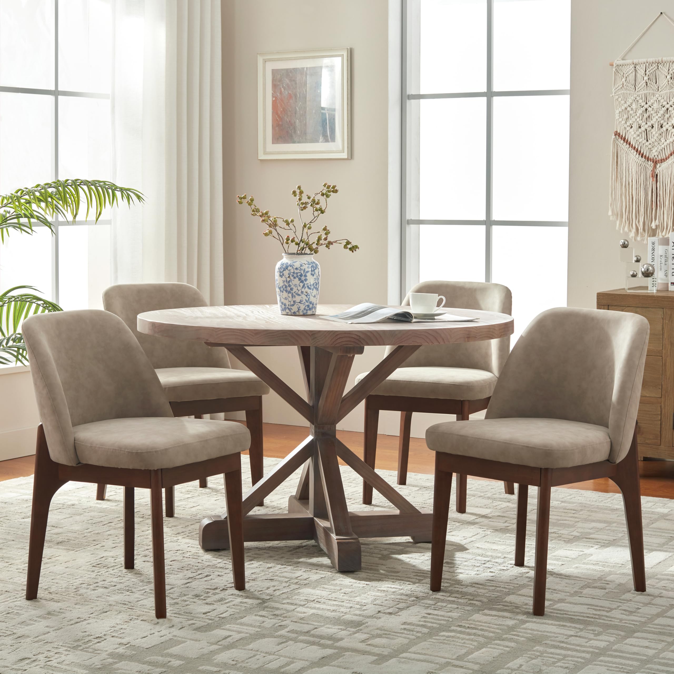 VKNOW Modern Dining Chairs Set of 2, Faux Leather Kitchen Chairs with Wood Legs, Upholstered Side Chair for Kitchen Dining Room, Beige
