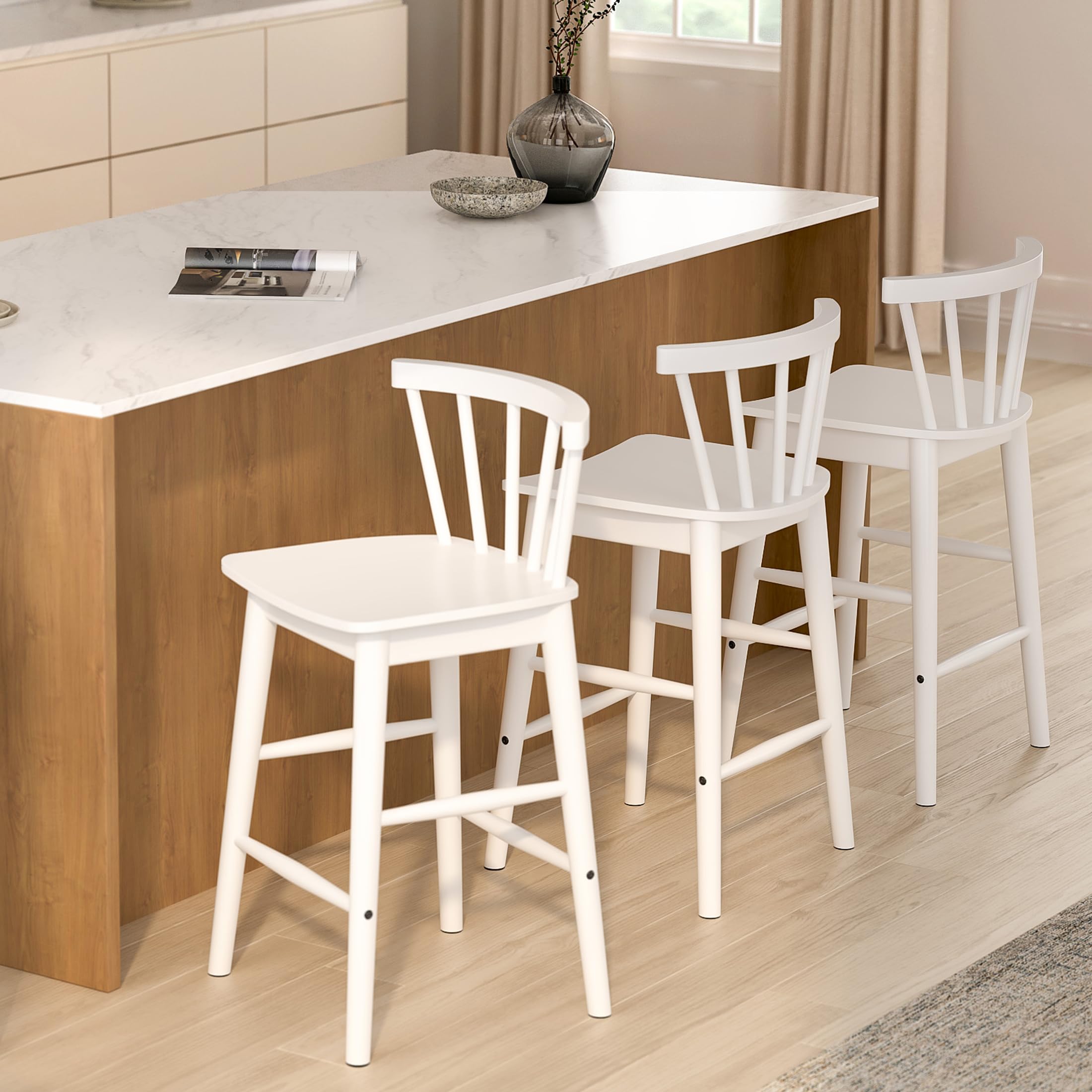 Modern Bar Stools Set of 2, 24" Wooden Counter Height Barstools, Modern Armless Farmhouse Bar Dining Chairs with Back & Footrest for Kitchen Island Pub, Natural Oak