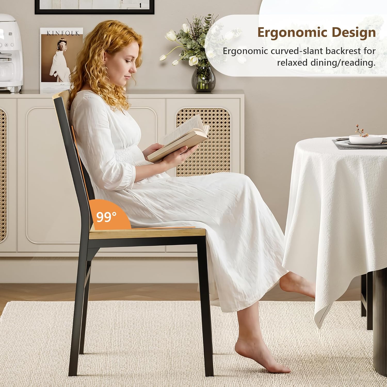 Feonase Dining Chairs and Benches Set of 4, Modern Dining Room Chairs with Ergonomic Backrest, Wood Structure & Metal Legs, for Kitchen, Dining Room, Space-Saving, Easy to Assemble & Clean, Natural