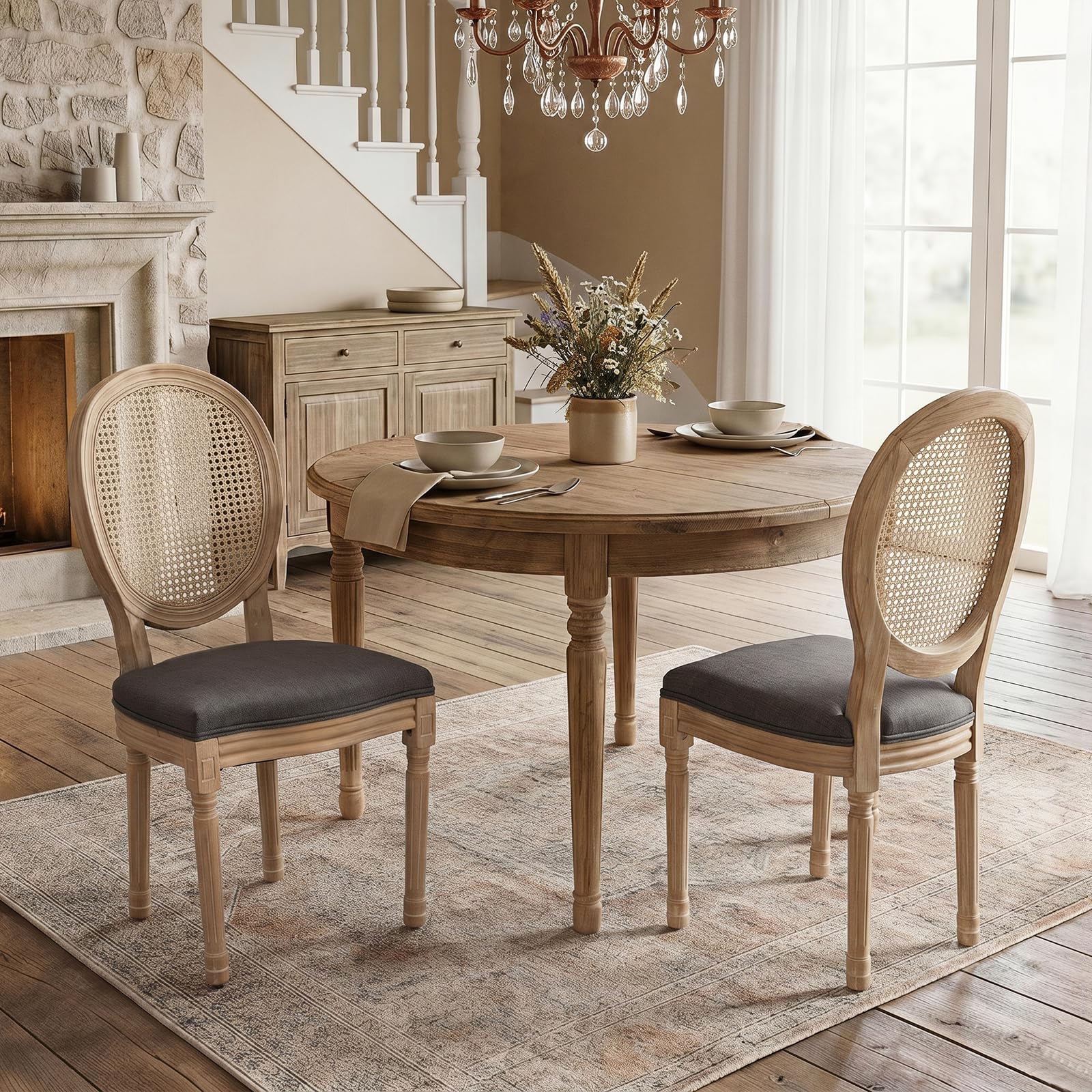 SoarFlash French Dining Chairs Set of 2, Vantage Dining Chair with Round Back, Wood Leg Farmhouse Country Rattan Dining Chair for Kitchen,Bedroom,Beige