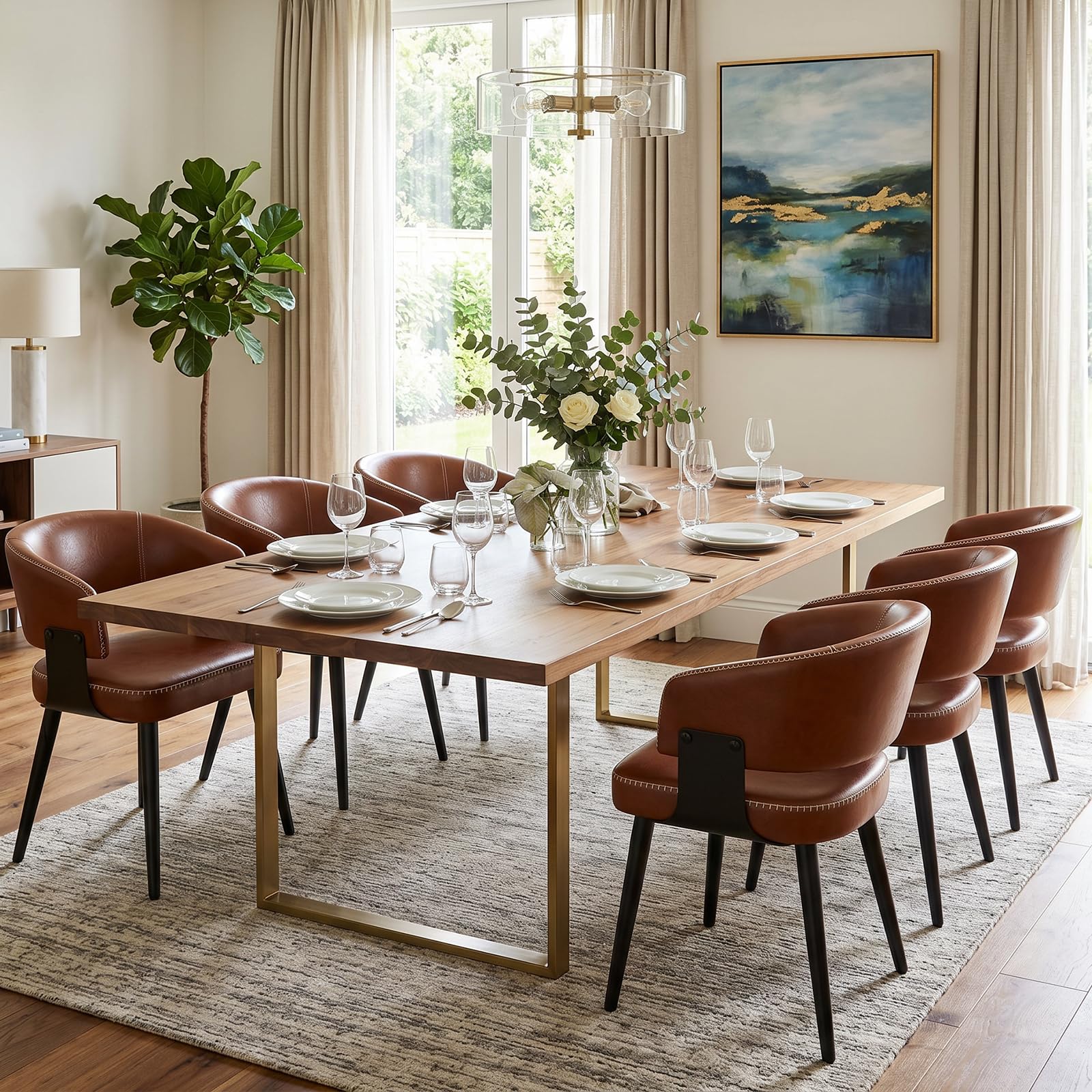 Dining Chairs Set of 4, Modern Upholstered PU Leather Kitchen & Dining Room Chairs with Curved Open Back Metal Legs, Kitchen Chairs for Dining Room Restaurant (Vintage Brown, Set of 4)