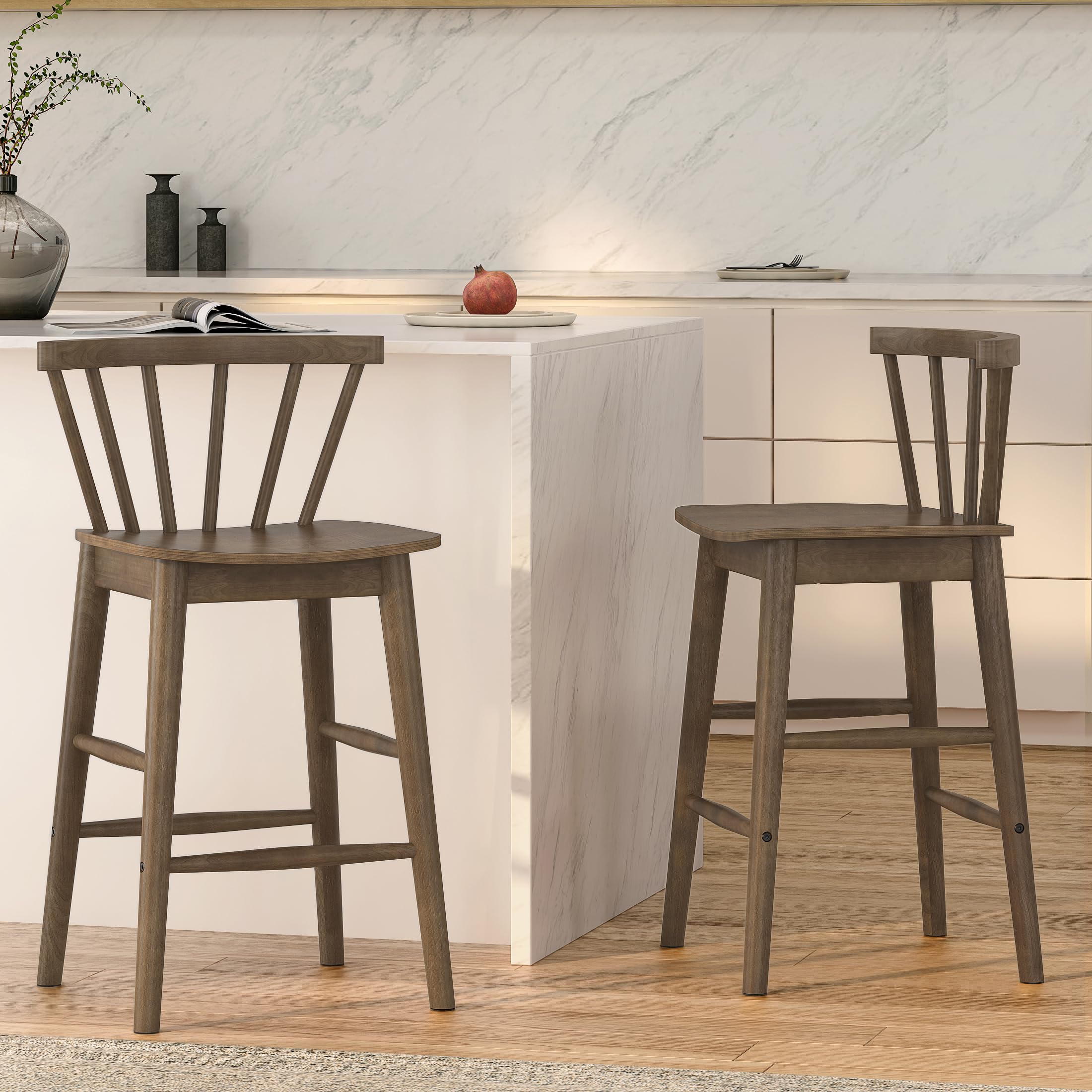 Modern Bar Stools Set of 2, 24" Wooden Counter Height Barstools, Modern Armless Farmhouse Bar Dining Chairs with Back & Footrest for Kitchen Island Pub, Natural Oak