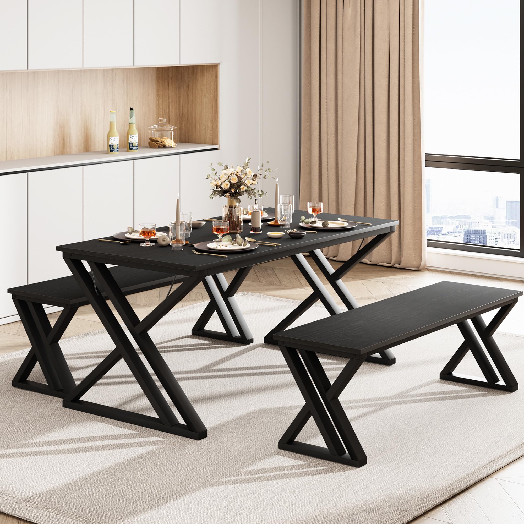 GarveeHome Kitchen Table with 2 Benches, Dining Table Set for 4, Saving Space Dining Room Table Set for Kitchen, Dining Room, Apartment, Sturdy Metal Frame, Vintage Brown