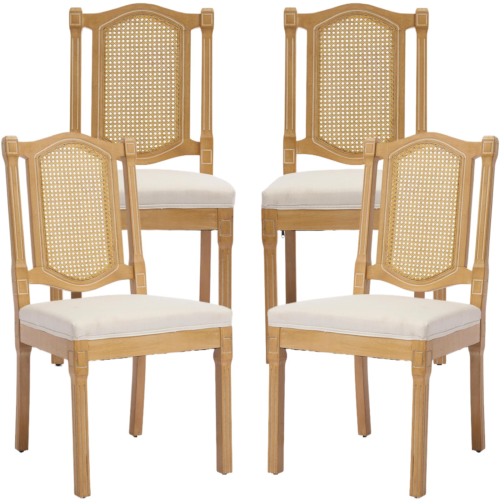 Vintage French Rattan Dining Chairs Set of 6, Square Back Side Chairs with Rattan Backrest, Upholstered Linen Seat and Solid Wood Frame, Sillas de Comedor for Dining Room & Kitchen, Dark Gray