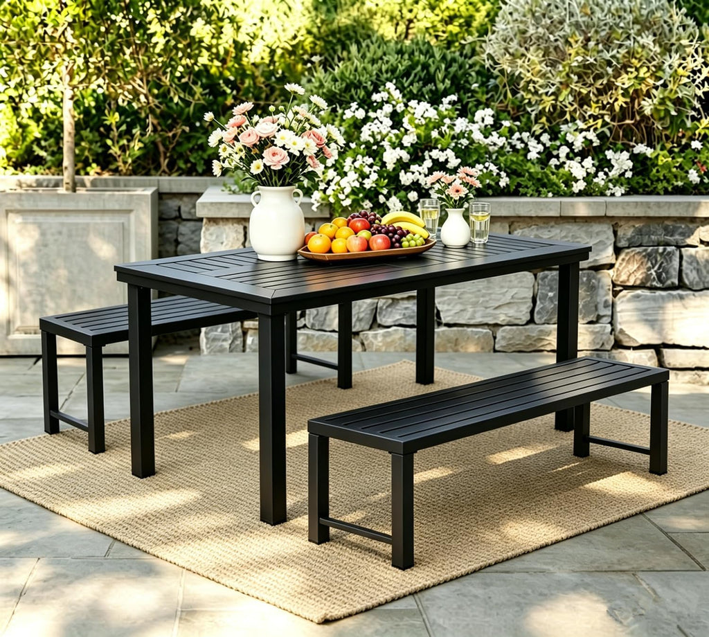 Patio Dining Set, HDPE Outdoor Dining Table with 2 Benches, All-Weather Steel Frame Outdoor Furniture for Backyard BBQ, Family Gatherings, Deck & Garden