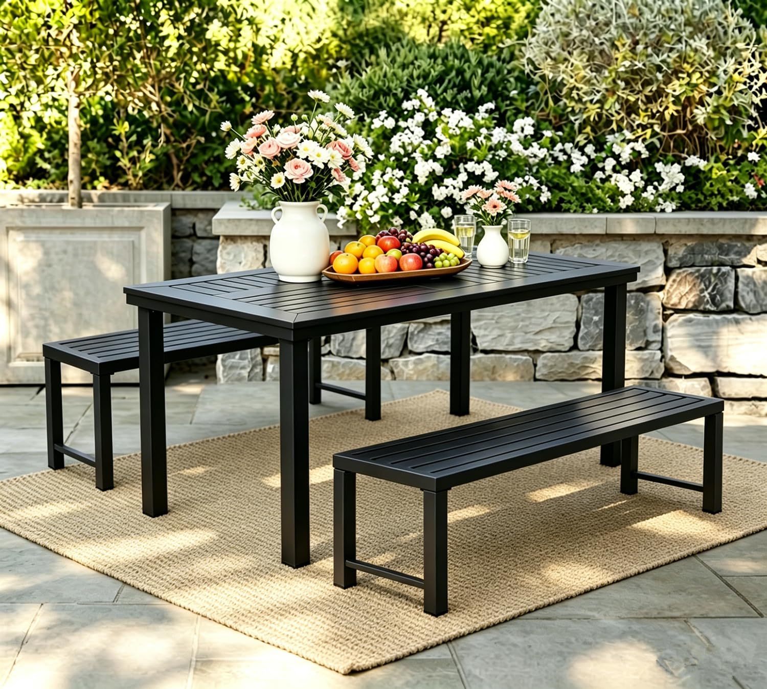 Patio Dining Set, HDPE Outdoor Dining Table with 2 Benches, All-Weather Steel Frame Outdoor Furniture for Backyard BBQ, Family Gatherings, Deck & Garden
