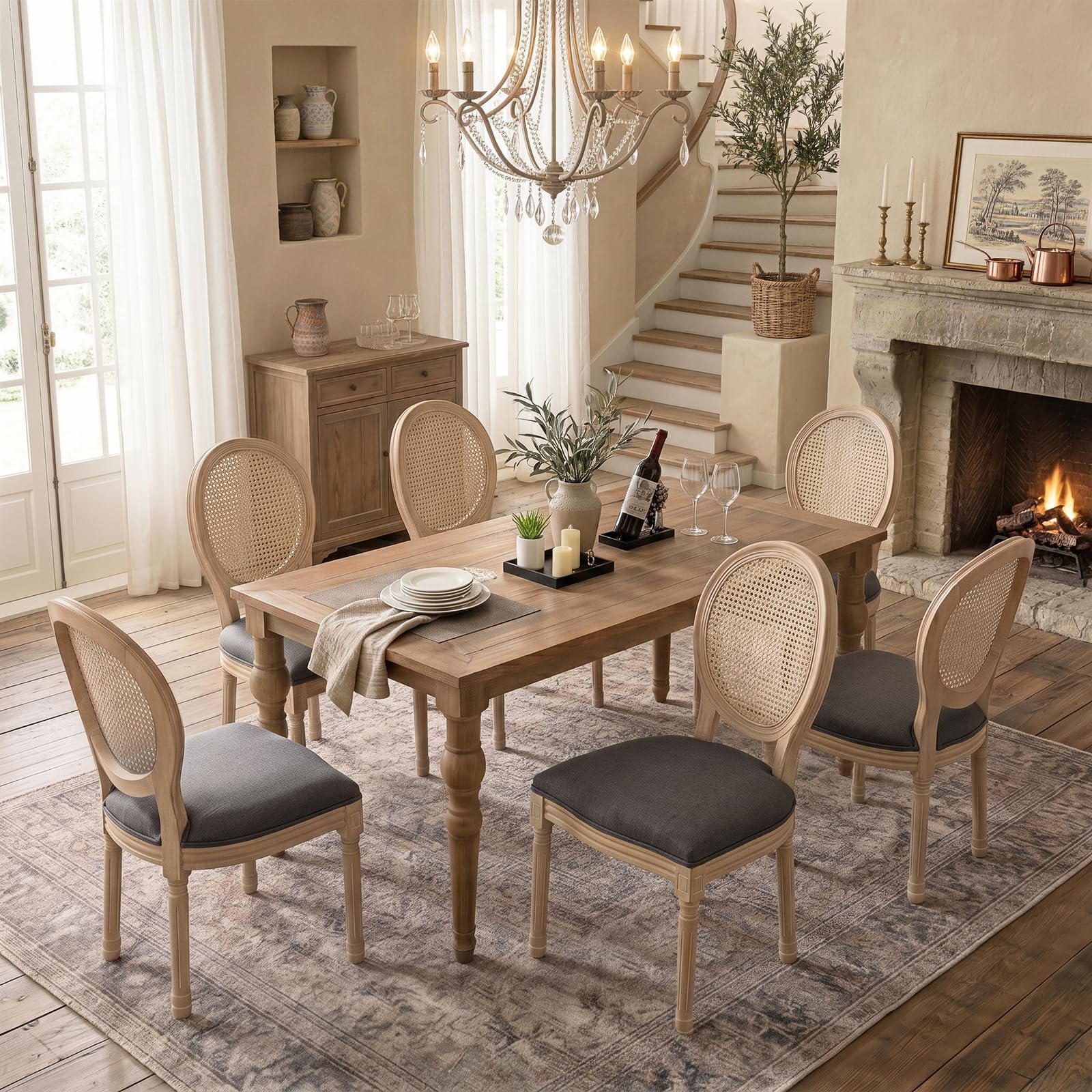 SoarFlash French Dining Chairs Set of 2, Vantage Dining Chair with Round Back, Wood Leg Farmhouse Country Rattan Dining Chair for Kitchen,Bedroom,Beige