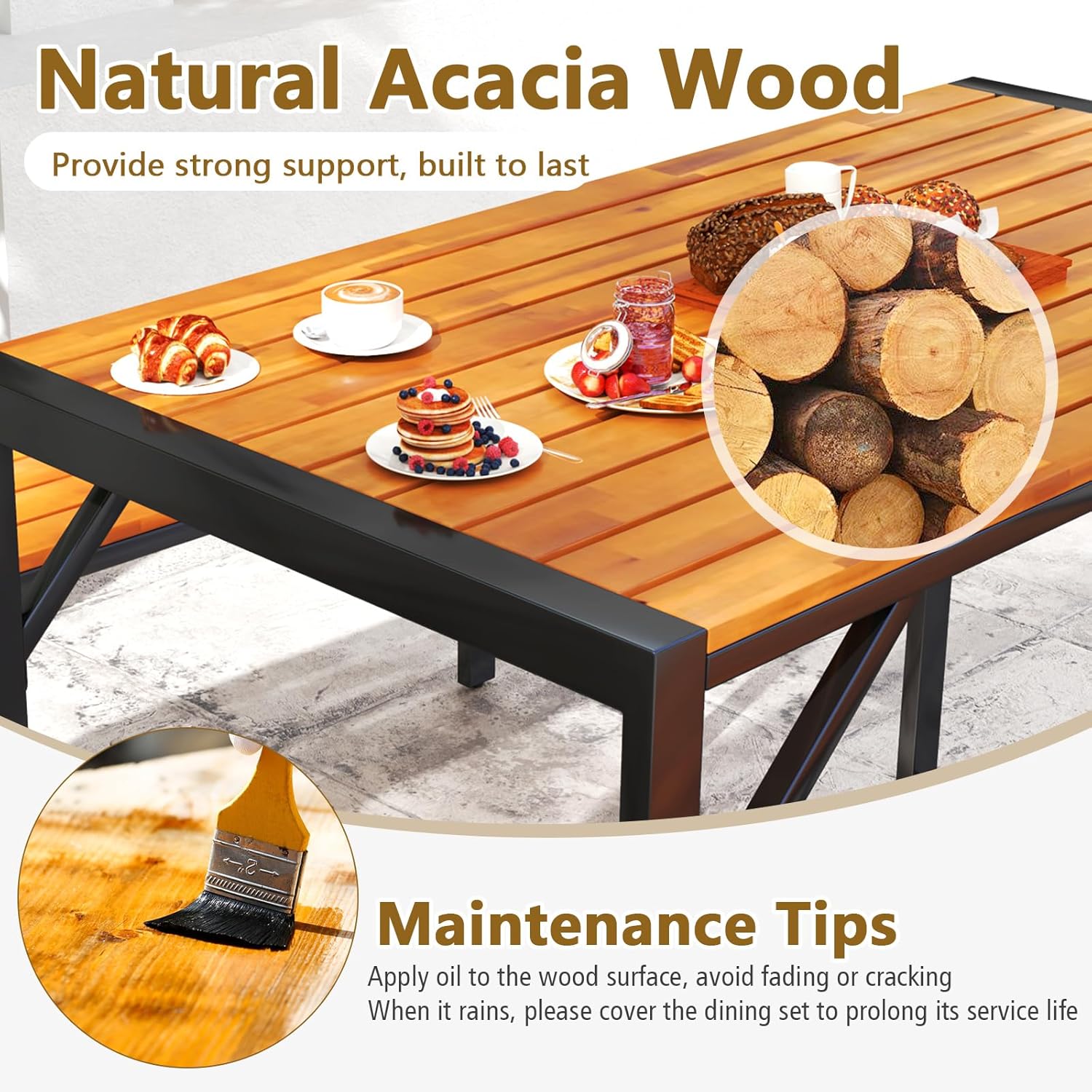 Tangkula 3-Pieces Patio Dining Set for 4 People, Outdoor Picnic Table & 2 Benches, 44" Acacia Wood Dining Table w/Metal Frame, Space-Saving Dinette Set for Garden Porch Poolside Yard Balcony