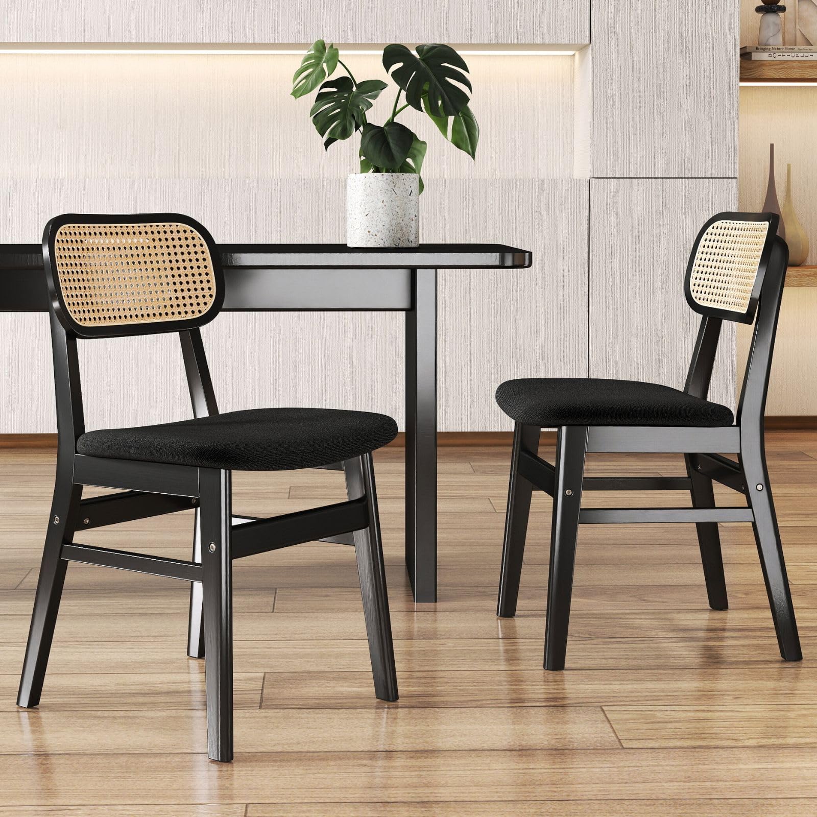 ROCITY Rattan Dining Chairs Set of 2 White Faux Leather Dining Room Chairs Natural Wooden Kitchen Chairs Farmhouse Side Chairs