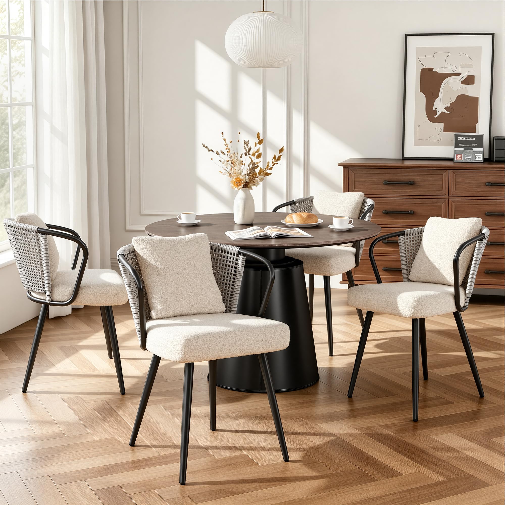 Rattan Dining Chairs Set of 4, Modern Upholstered Kitchen Chair with Metal Legs, Ergonomic Curved Backrest, Mid Century Living Room Chairs with Throw Pillow, Natural