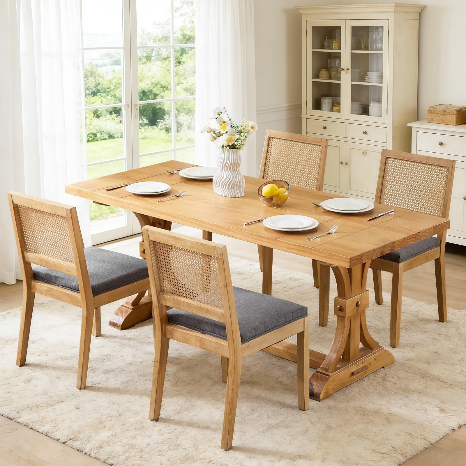 Rattan Back Upholstered Dining Chairs Set of 4 French Country Oval Kitchen Side Chairs with Wood Legs for Dining Room, Kitchen, Restaurant(Beige-Rattan)