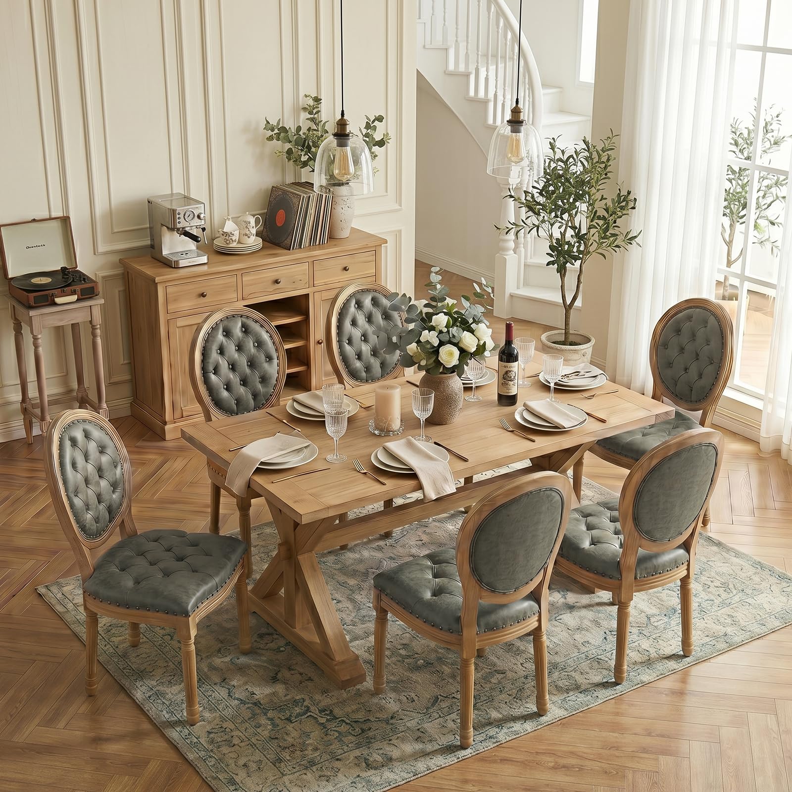 SoarFlash French Dining Chairs Set of 2, Vantage Dining Chair with Round Back, Wood Leg Farmhouse Country Rattan Dining Chair for Kitchen,Bedroom,Beige
