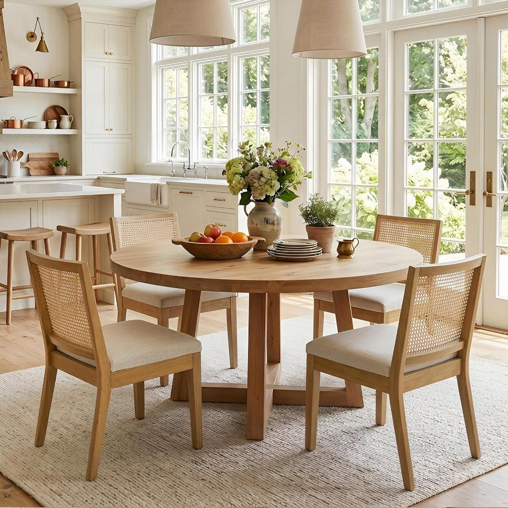 HNY Farmhouse Rattan Dining Chairs Set of 4, Natural Solid Hardwood Frame, Upholstered Linen Seat, Ergonomic Cane Back Dining Room Chairs for Kitchen, Dining Room, Apartment, Beige