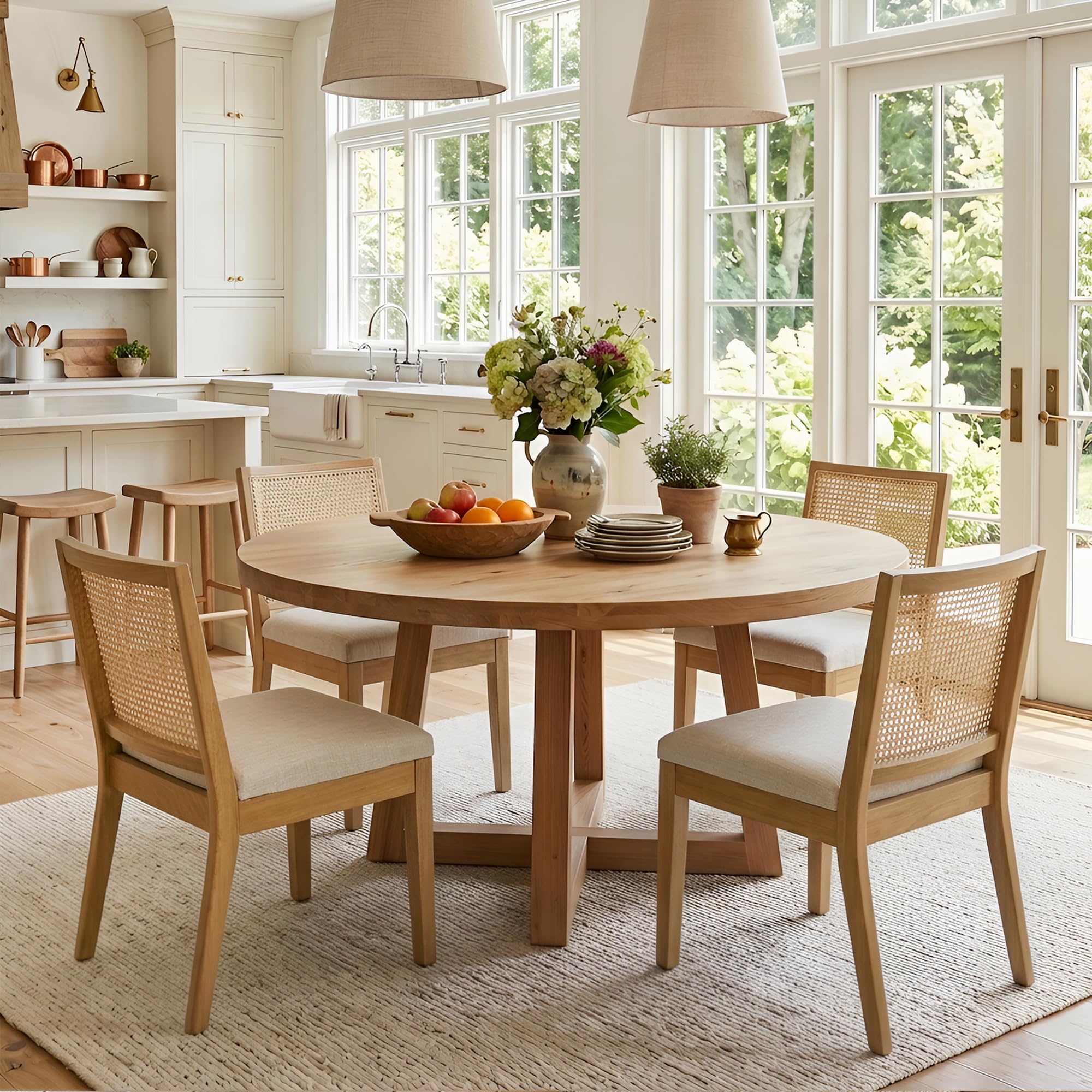 HNY Farmhouse Rattan Dining Chairs Set of 4, Natural Solid Hardwood Frame, Upholstered Linen Seat, Ergonomic Cane Back Dining Room Chairs for Kitchen, Dining Room, Apartment, Beige