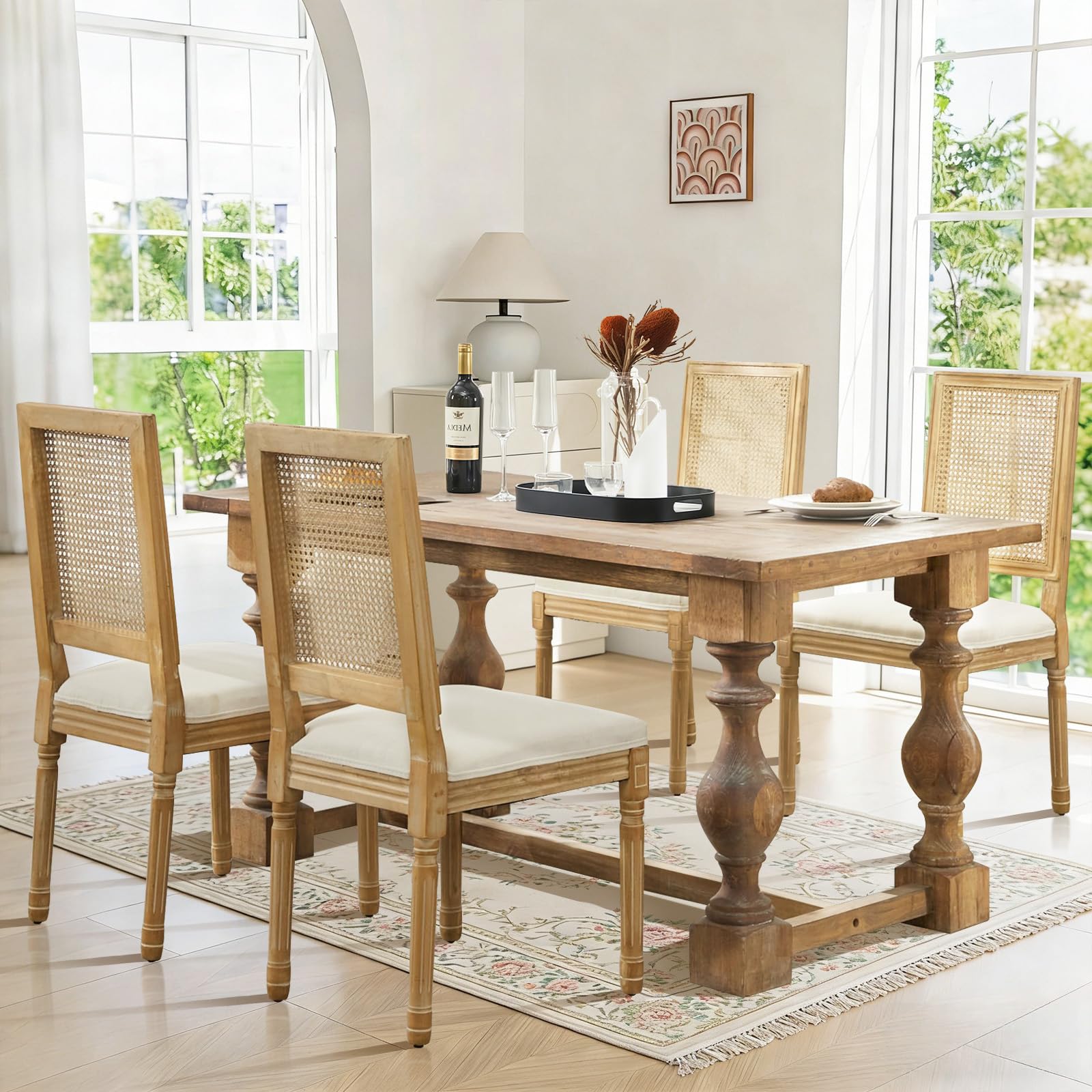 Rattan Back Upholstered Dining Chairs Set of 4 French Country Oval Kitchen Side Chairs with Wood Legs for Dining Room, Kitchen, Restaurant(Beige-Rattan)