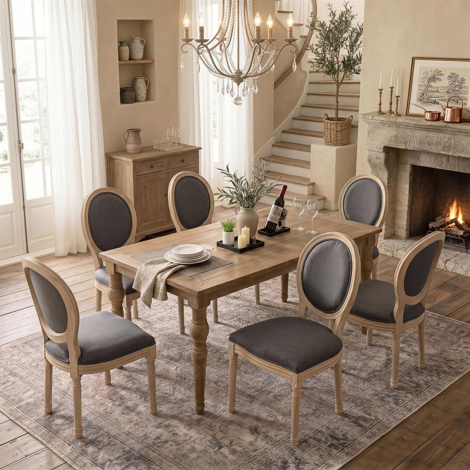 SoarFlash French Dining Chairs Set of 2, Vantage Dining Chair with Round Back, Wood Leg Farmhouse Country Rattan Dining Chair for Kitchen,Bedroom,Beige
