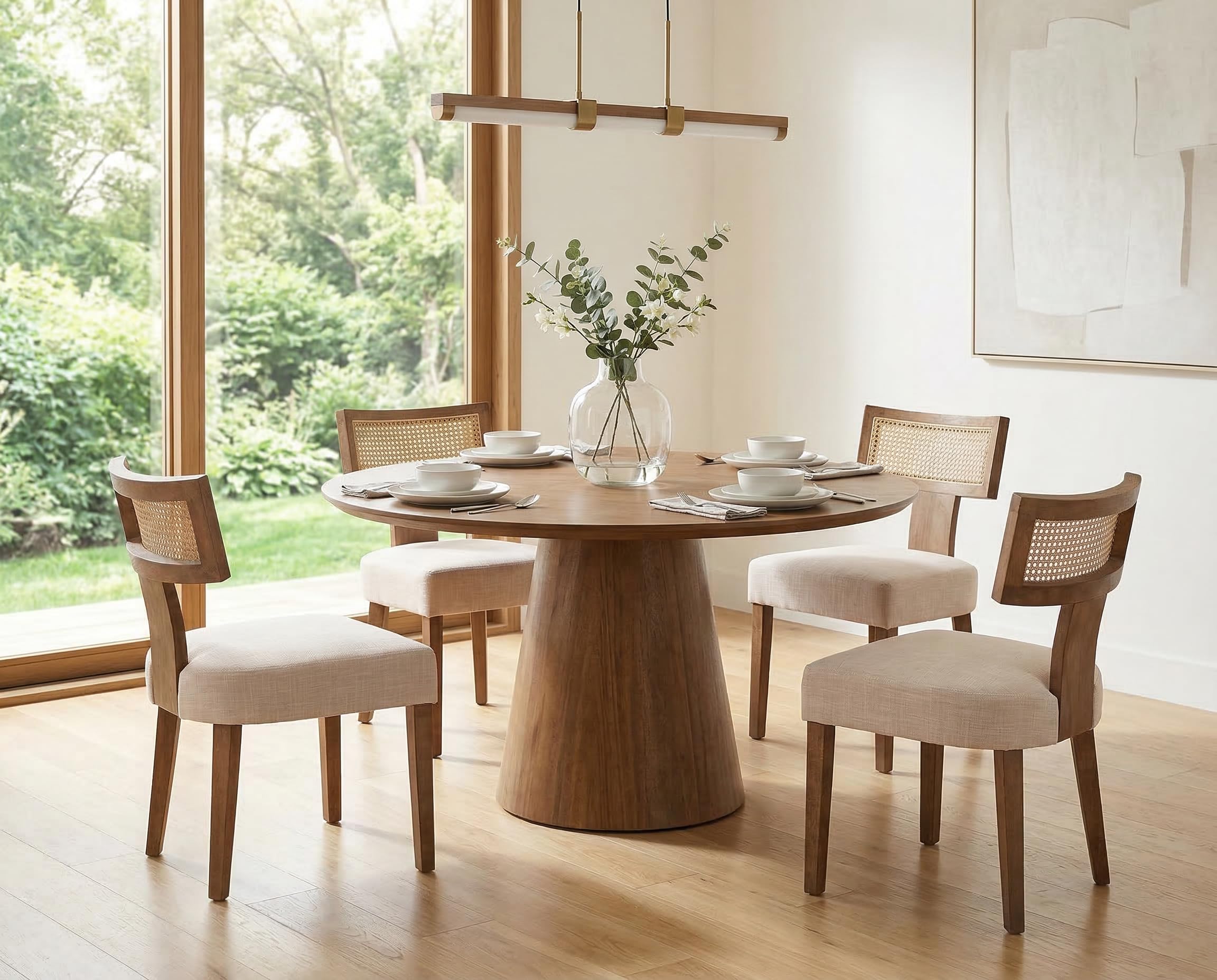 RIVOVA Rattan Dining Chairs Set of 4, Mid Century Modern Dining Chair Upholstered Linen Fabric Kitchen Side Chair, Modern Kitchen Armless Solid Wood Dining Chairs, Beige