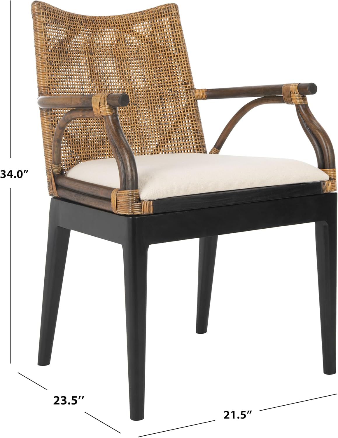 SAFAVIEH Furniture - Gianni Rattan Arm Chair - Brown & Black - Solid Wood - Coastal Open-Arm Design - Ideal for Living Room, Sunroom, Bedroom, 19.8" Seat Height (SEA4011A)