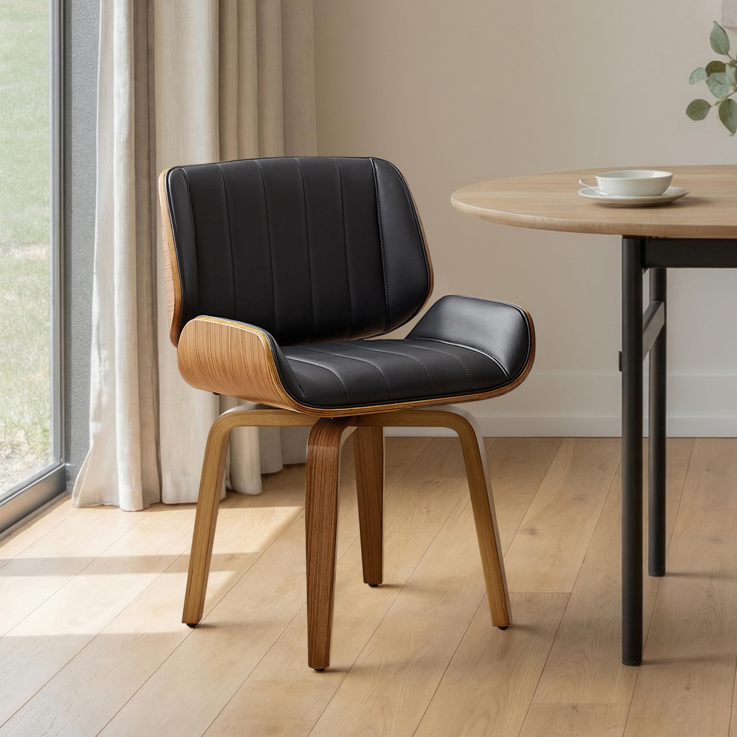 Zouron Swivel Dining Chairs, Mid Century Modern Desk Chairs Retro Faux Leather Chair with Wooden Legs, Kitchen Dining Room Chair with Upholstered Seat, 1 Pcs, Orange Brown