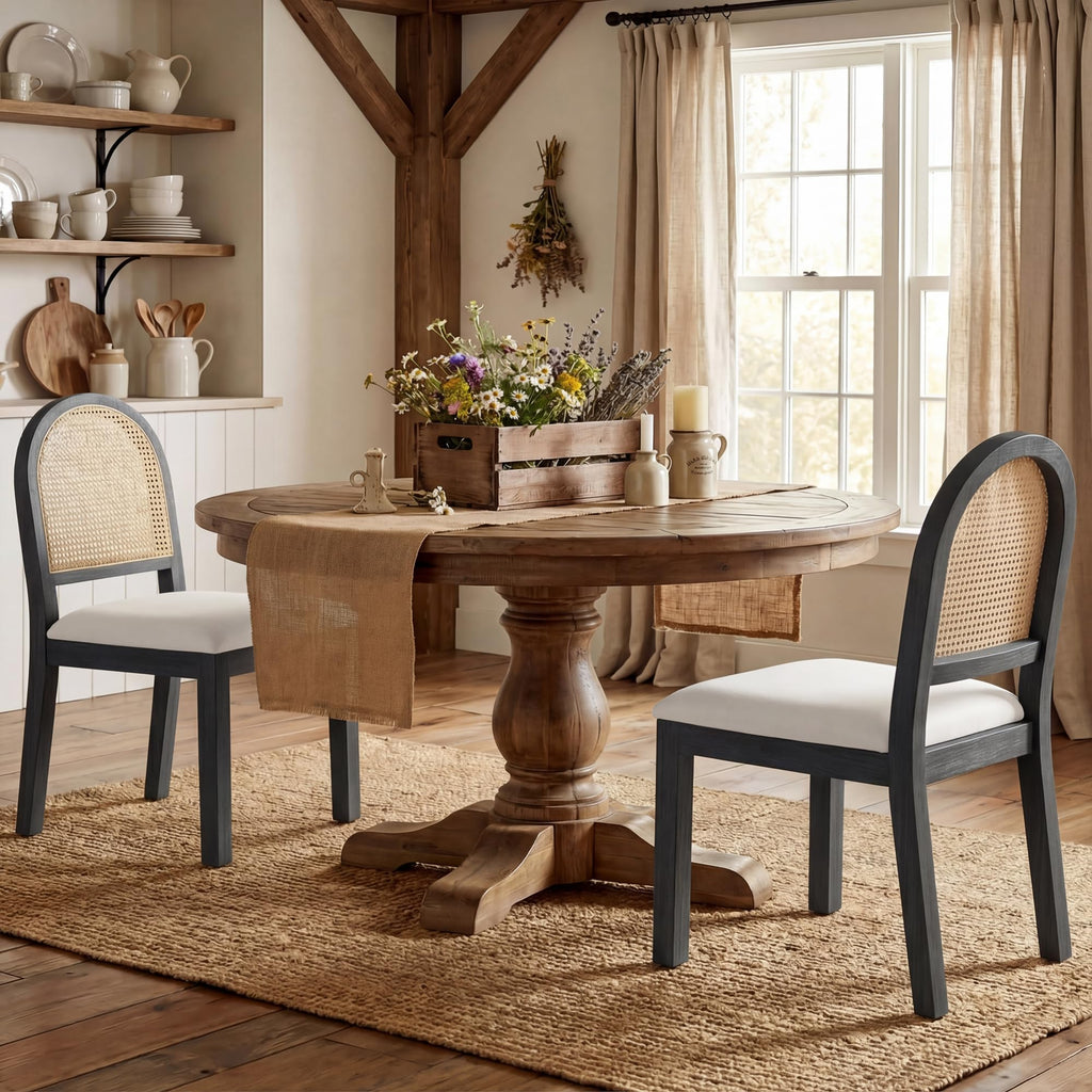 STHOUYN Upholstered Rattan Dining Chairs Set of 4, Farmhouse Solid Wood Dining Room Chair with Natural Rattan Woven Back and Chenille Seat, Mid-Century Modern Wooden Kitchen Chairs (4, Cream White)