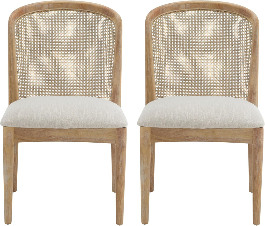 Beige Upholstered Dining Chairs 2 Pack, Rubberwood & Cane Design